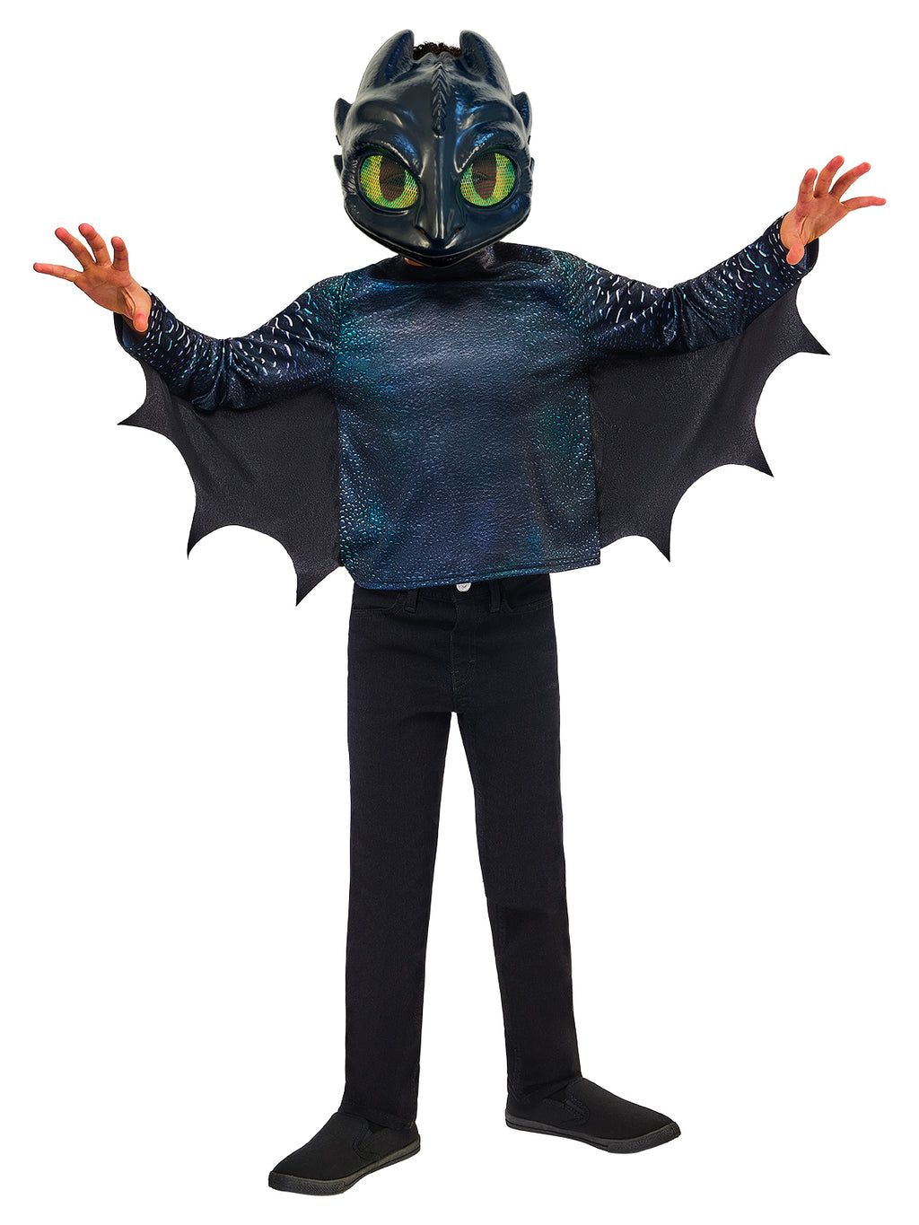 Child in the Toothless top with arms out so the wings spread wide