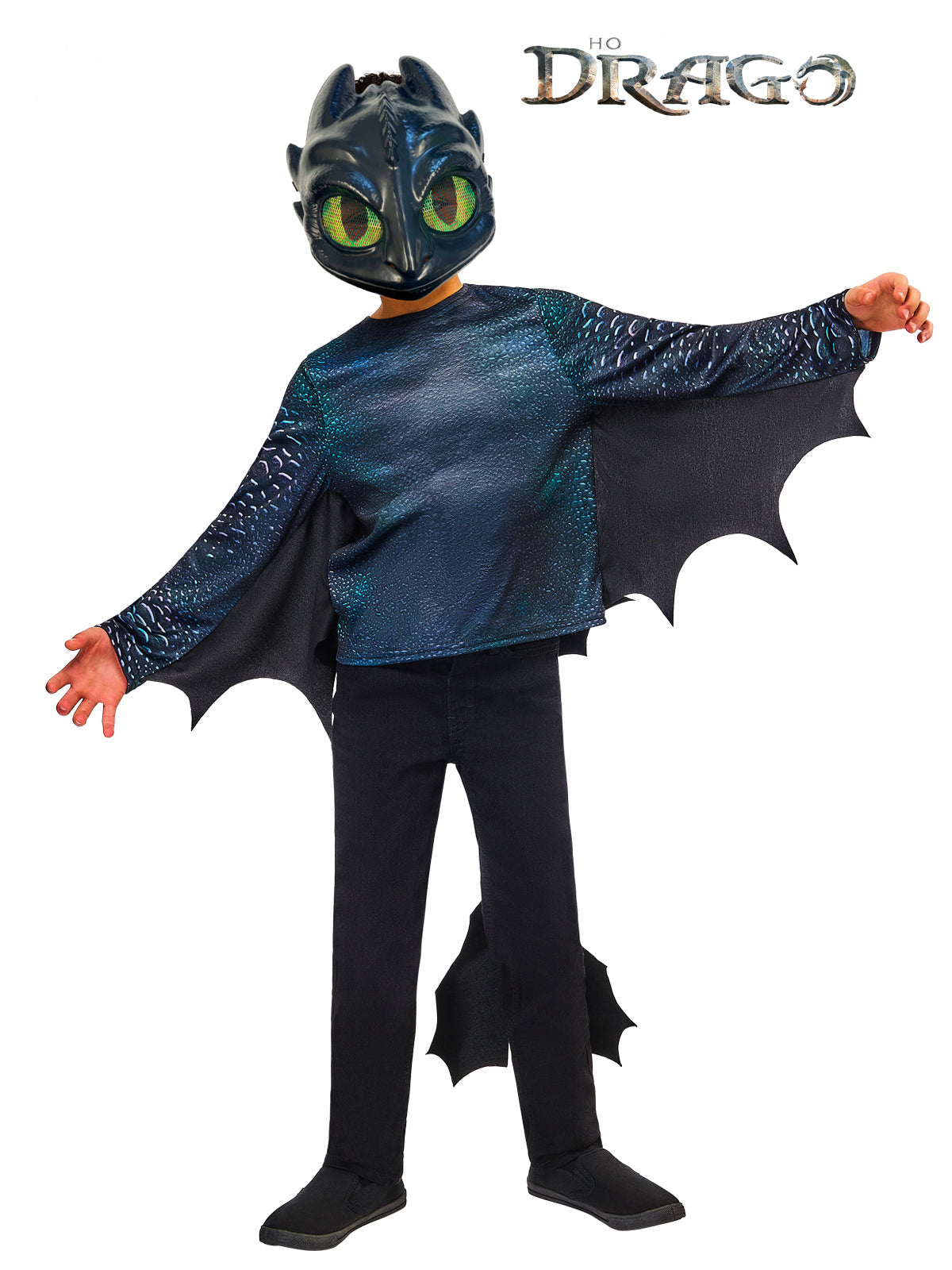 Child in the Toothless Night Fury costume with a moulded dragon mask and wide black wings