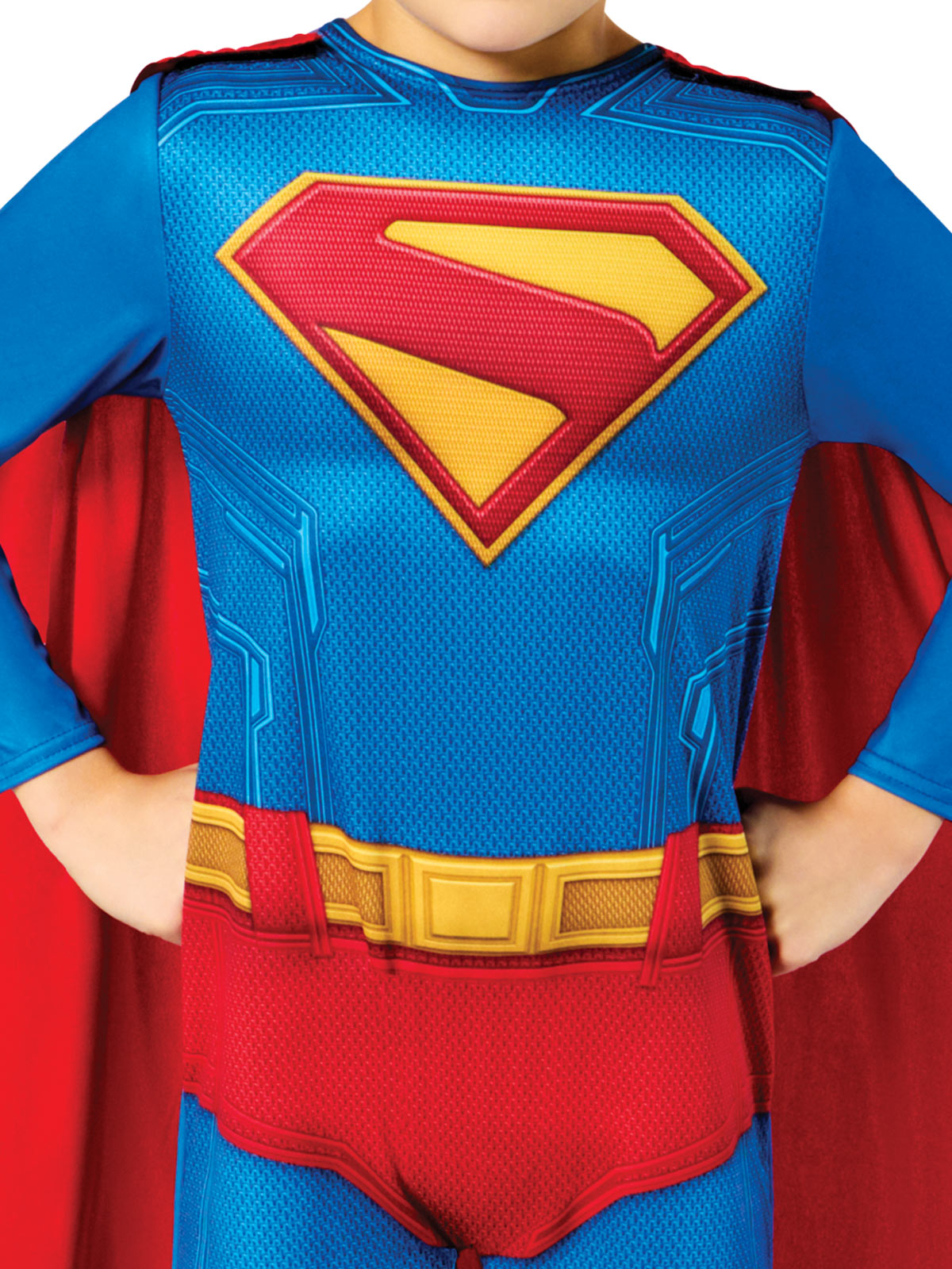 Close-up of the Superman costume's red and yellow S logo, belt and blue sleeves