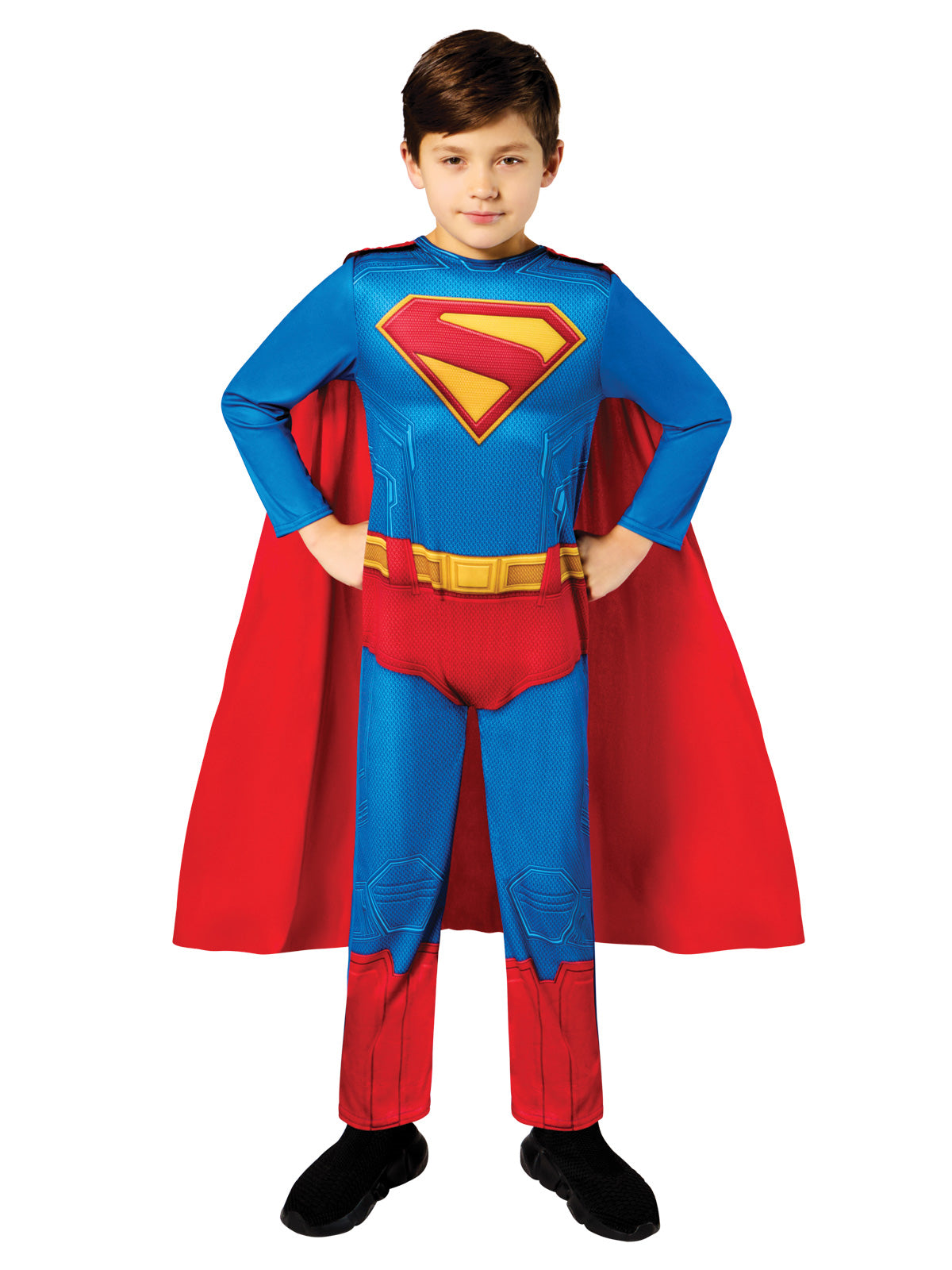 Front view of the Superman costume with a blue printed bodice, yellow belt and red cape