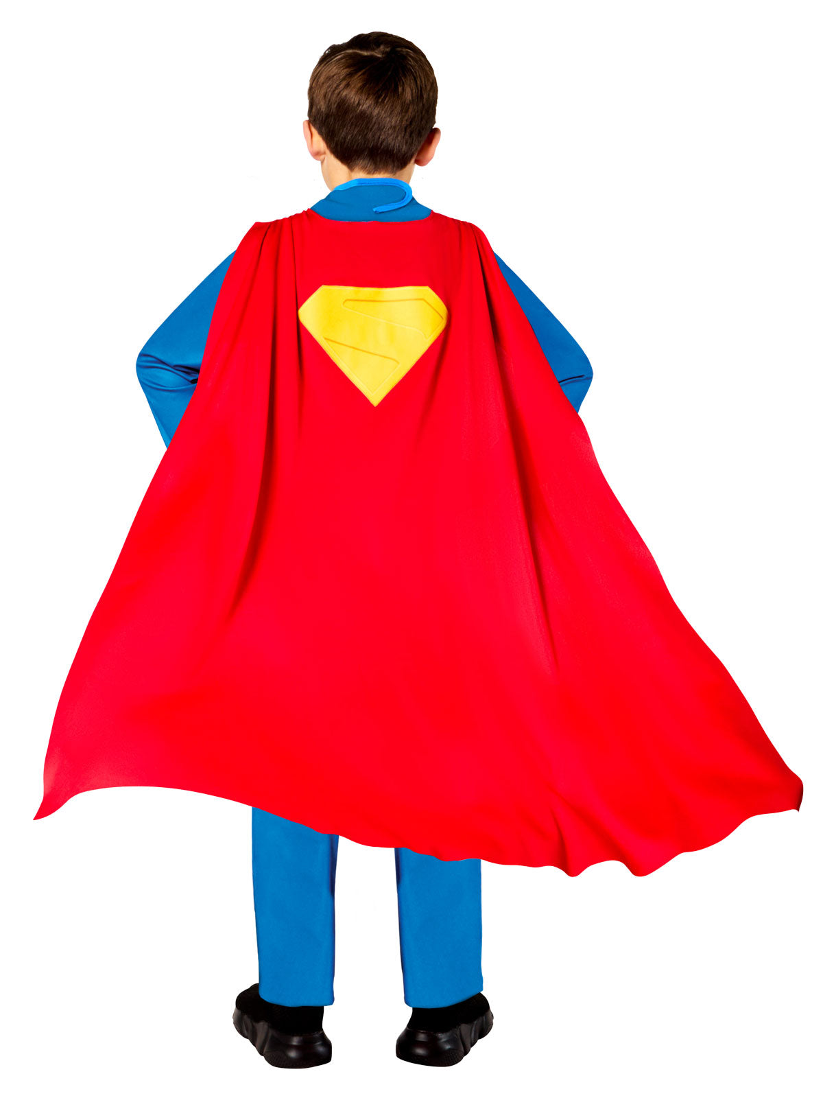 Back view of the Superman costume with the red cape printed with a yellow S