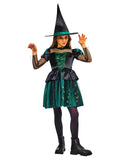 Girl in the Wizard of Oz Wicked Witch costume with a green satin bodice, black skirt and tall hat
