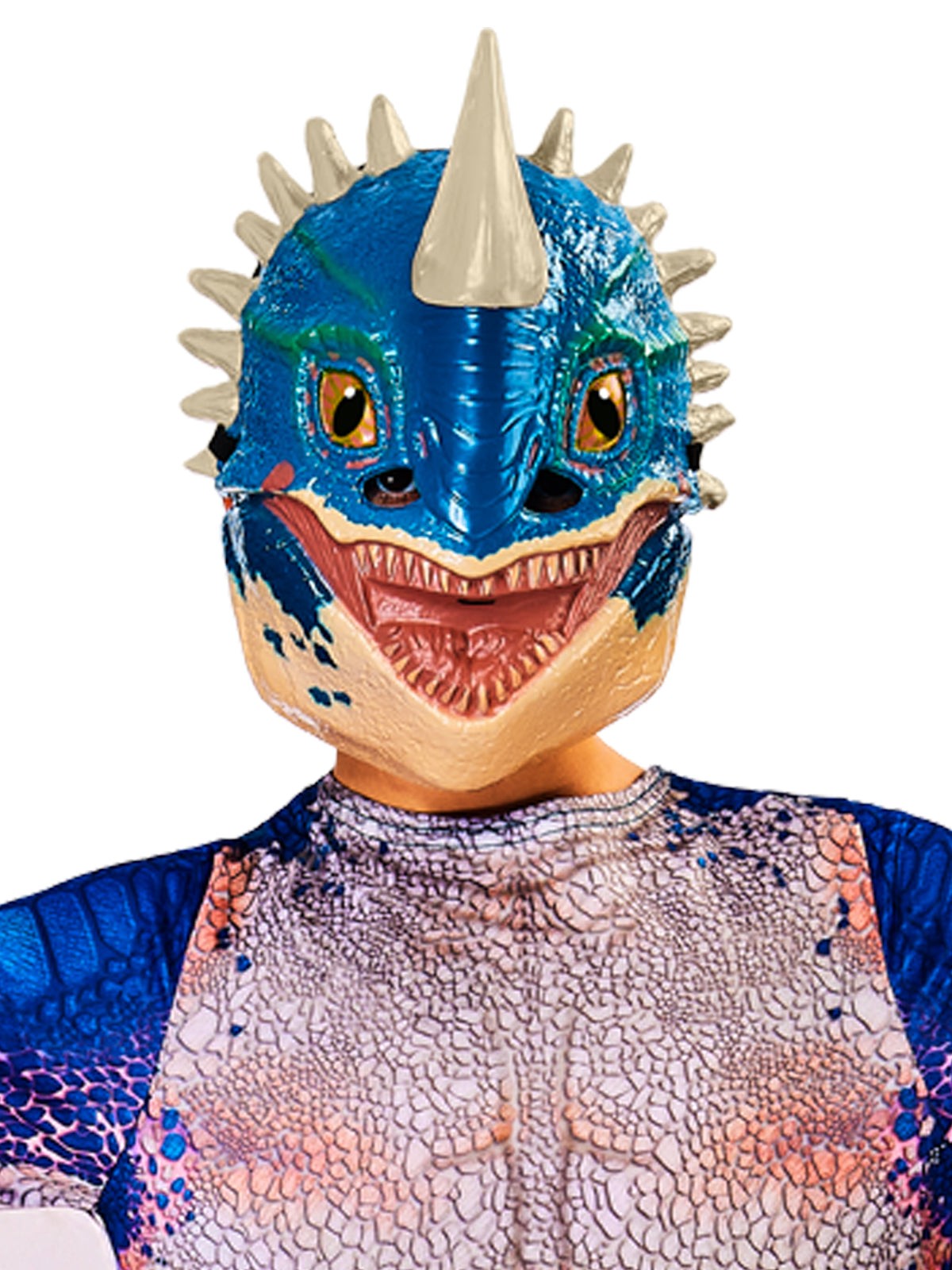 Close-up of the Stormfly Nadder mask with horn and spikes over the scaly chest