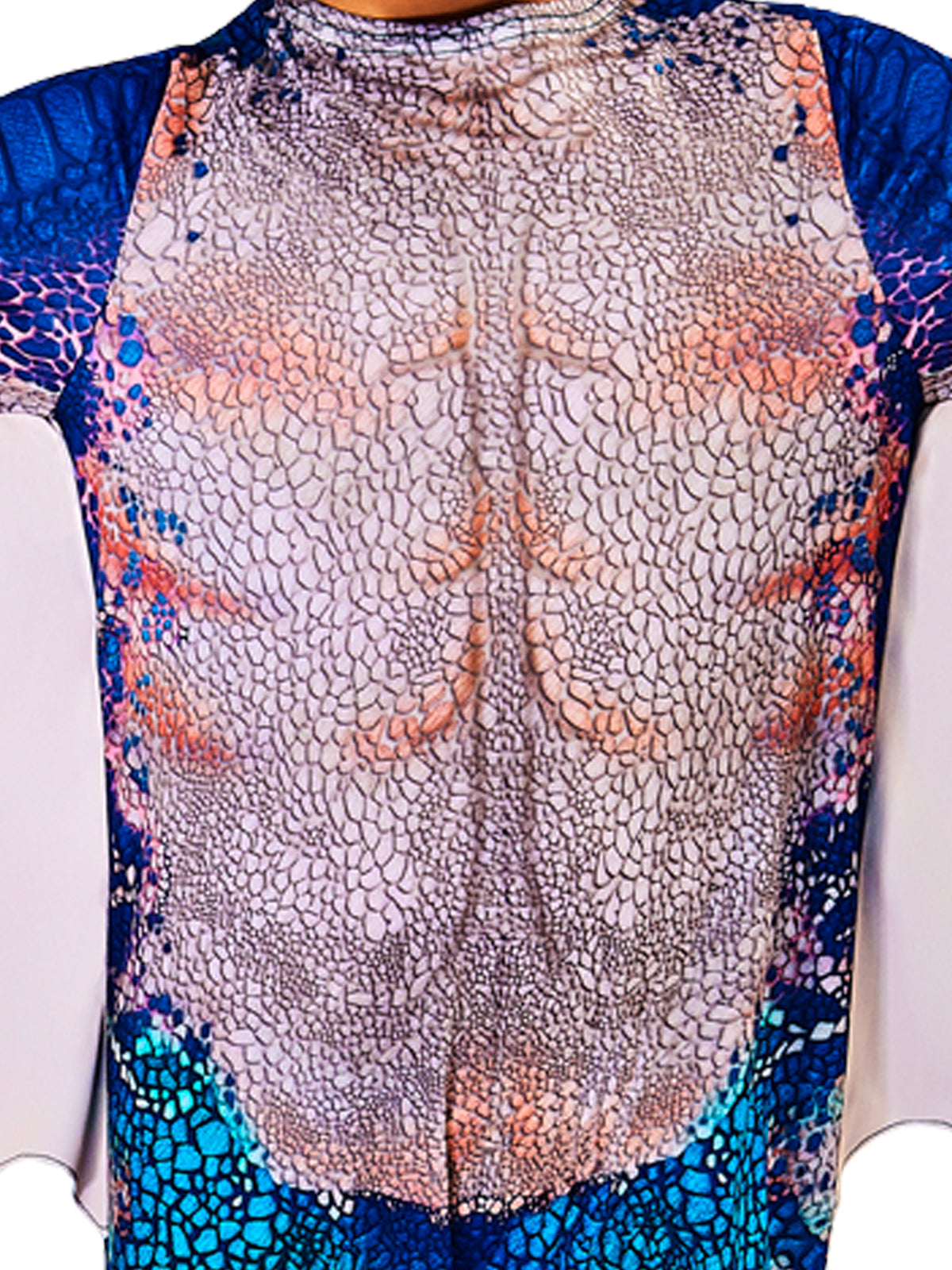 Close-up of the Nadder jumpsuit's scaly printed chest panel in pink, orange and blue
