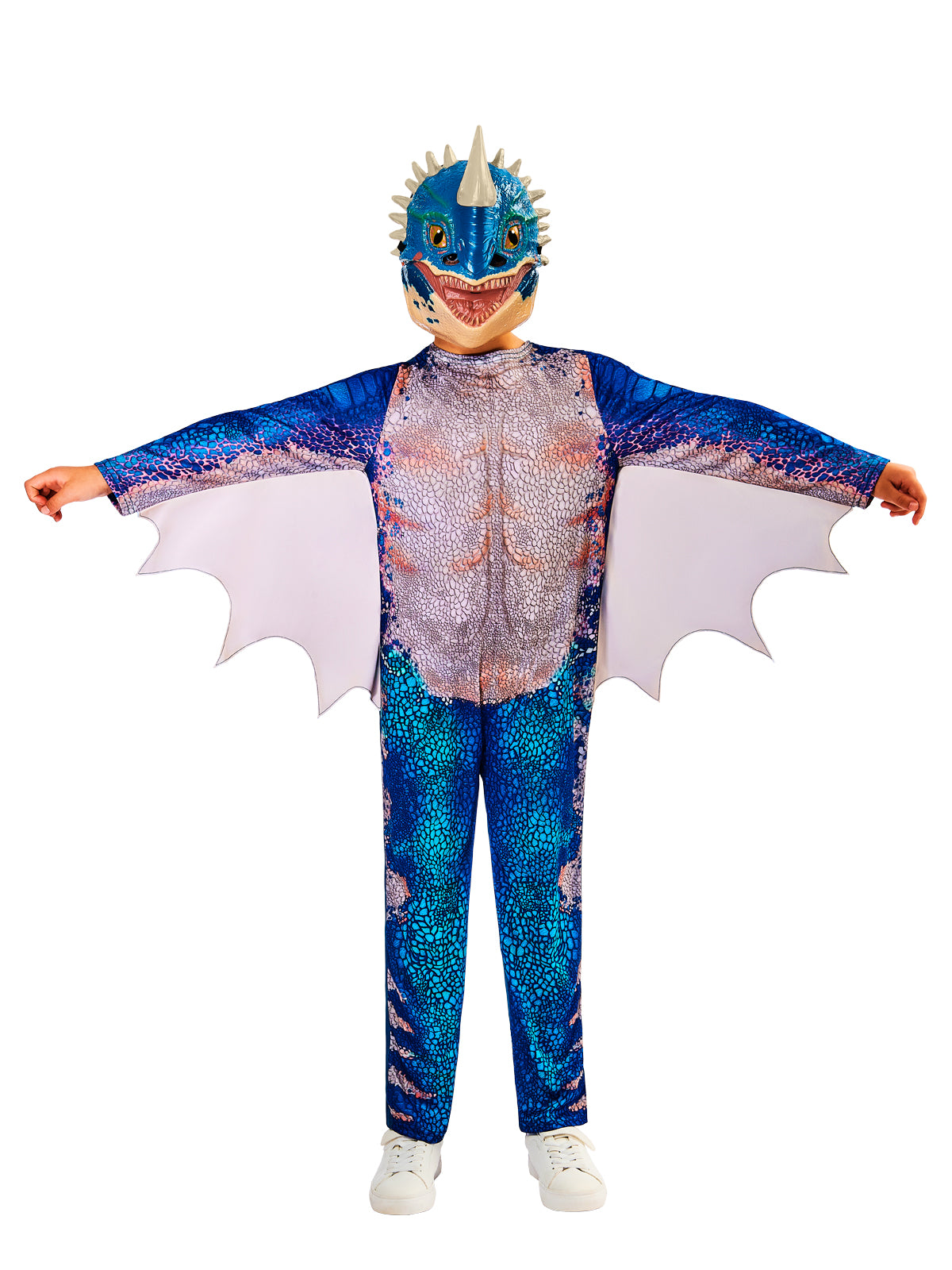 Child with arms out showing the Stormfly wings on the blue scaly Nadder jumpsuit