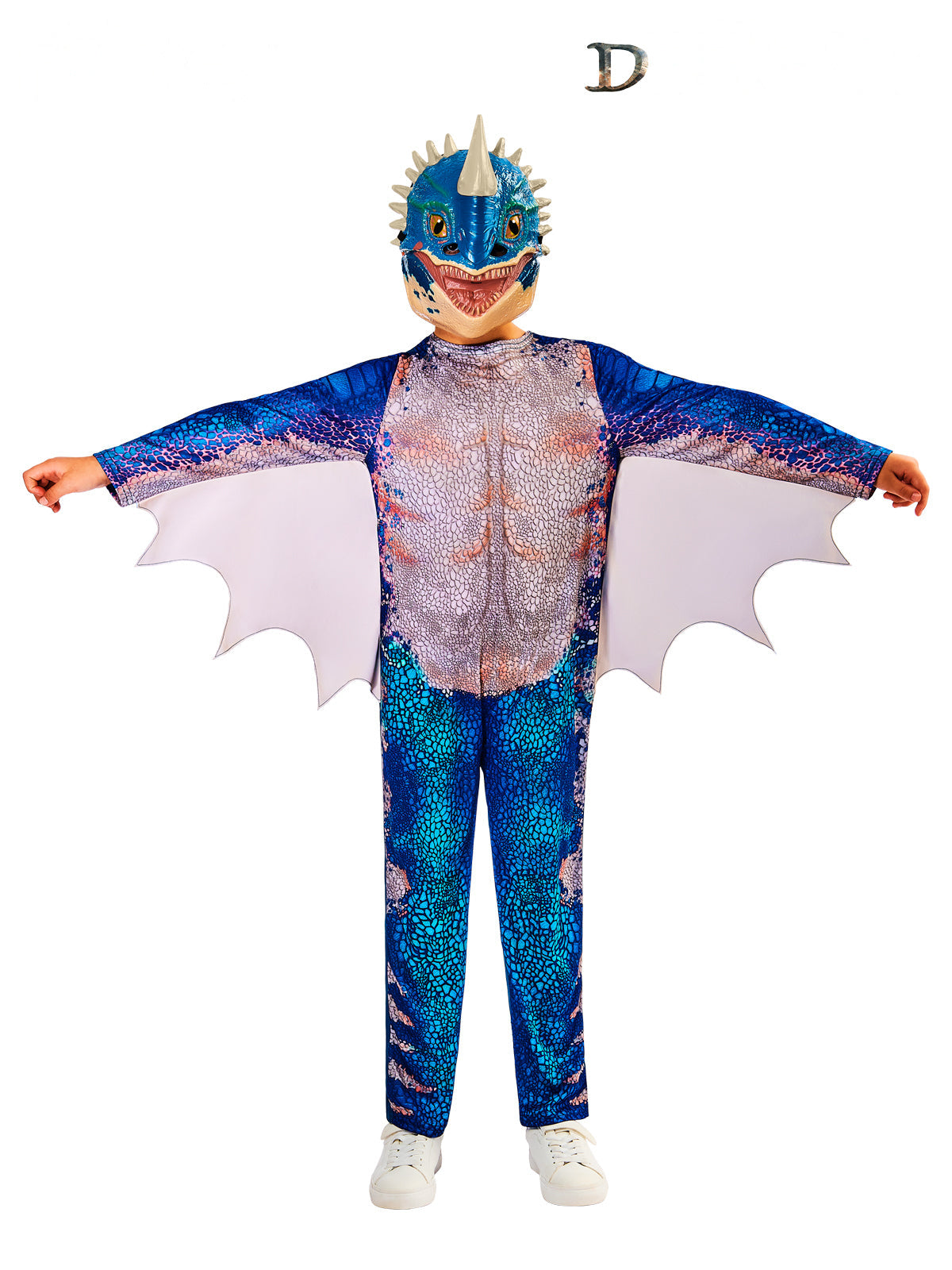 Child in the How to Train Your Dragon Nadder (Stormfly) jumpsuit in blue with wings and dragon mask