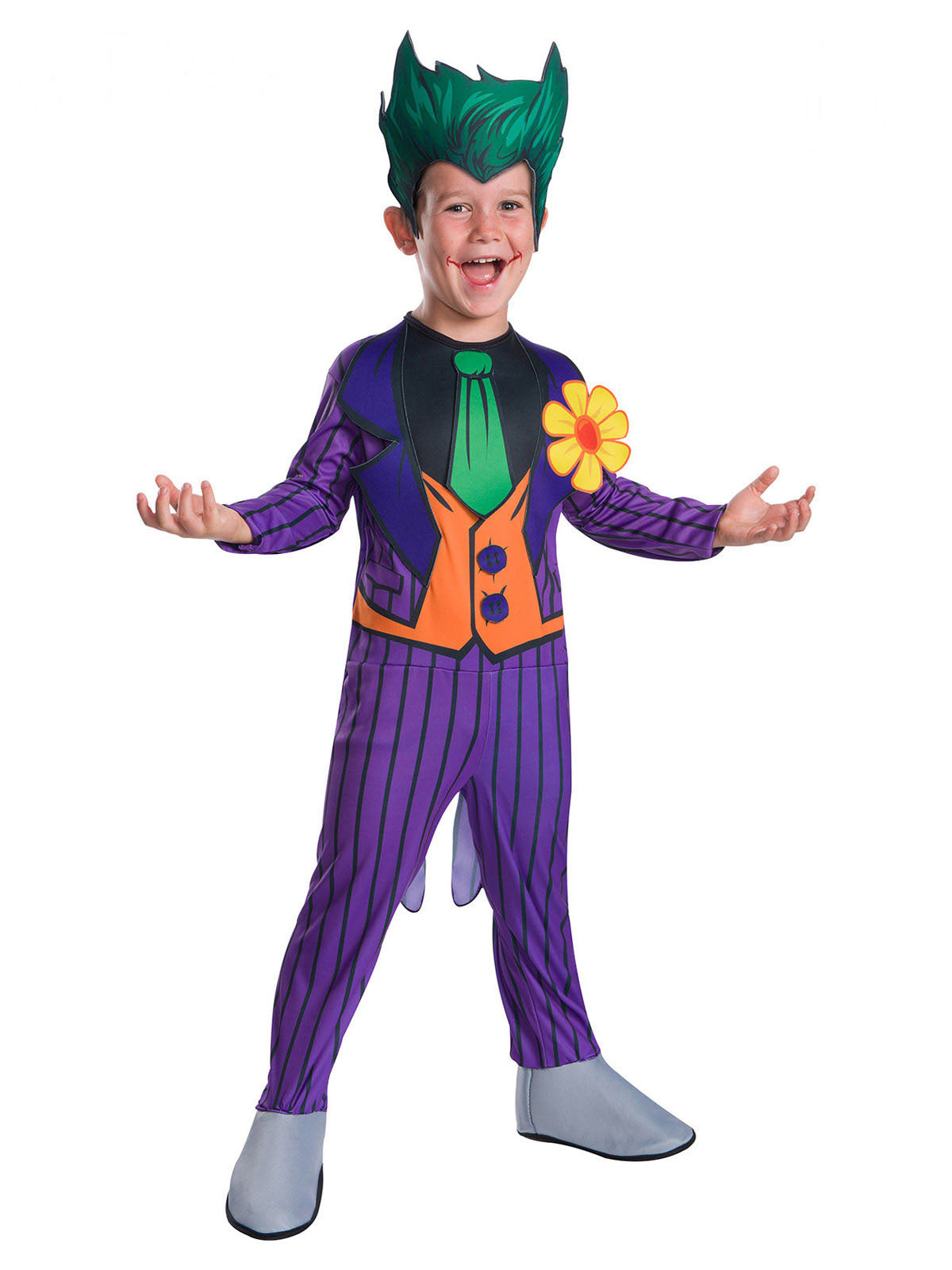 Boy in the Joker Classic costume with purple striped jumpsuit, orange vest, green tie, flower and green hair headpiece