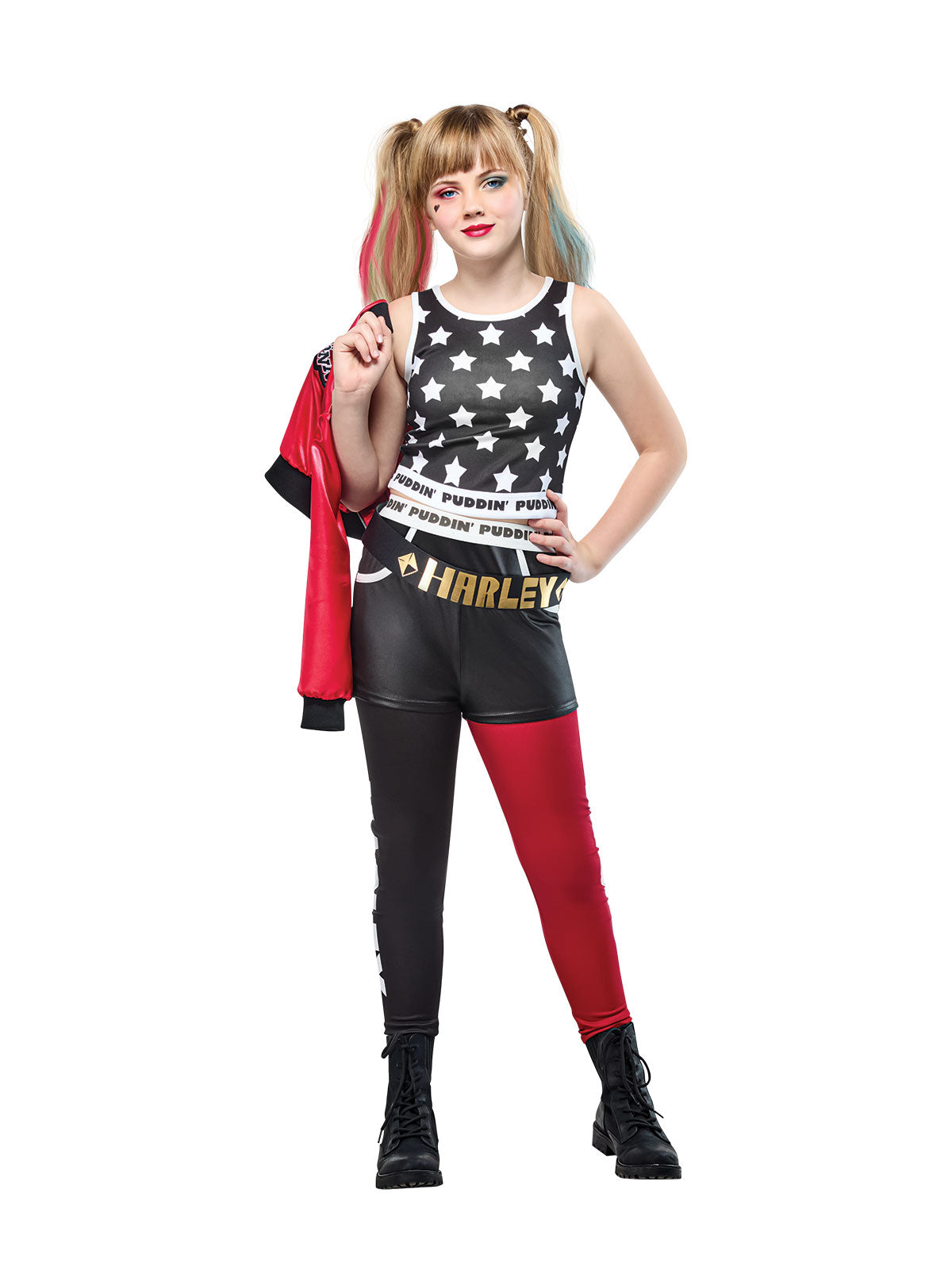 Girl in the Harley Quinn star-print singlet and Puddin shorts, holding the red jacket
