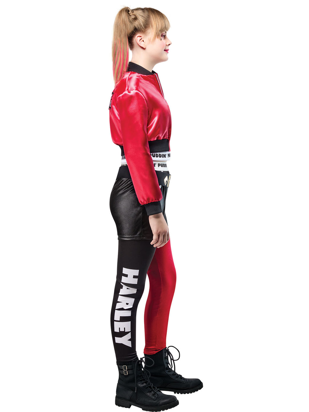 Side view of the Harley Quinn Jacket Deluxe Costume, Child, showing HARLEY on the leggings