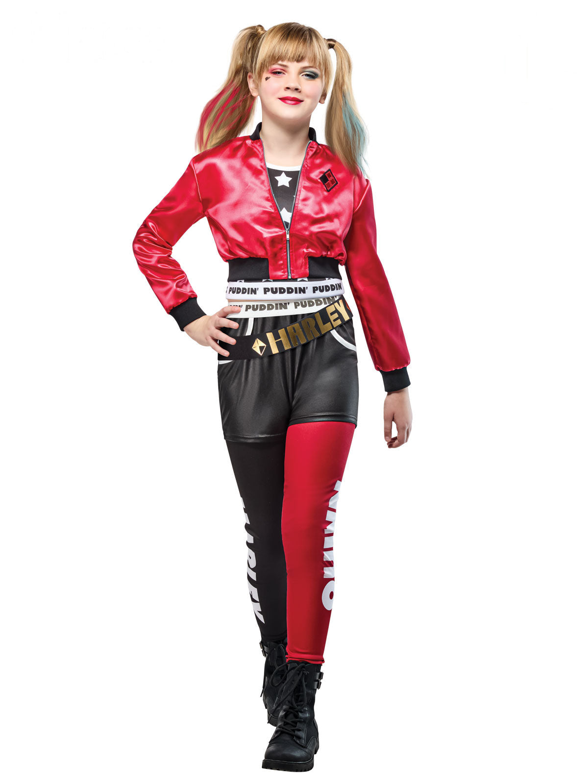 Girl in a Harley Quinn red satin crop jacket, odd red and black leggings and HQ belt (hair chalk not included)