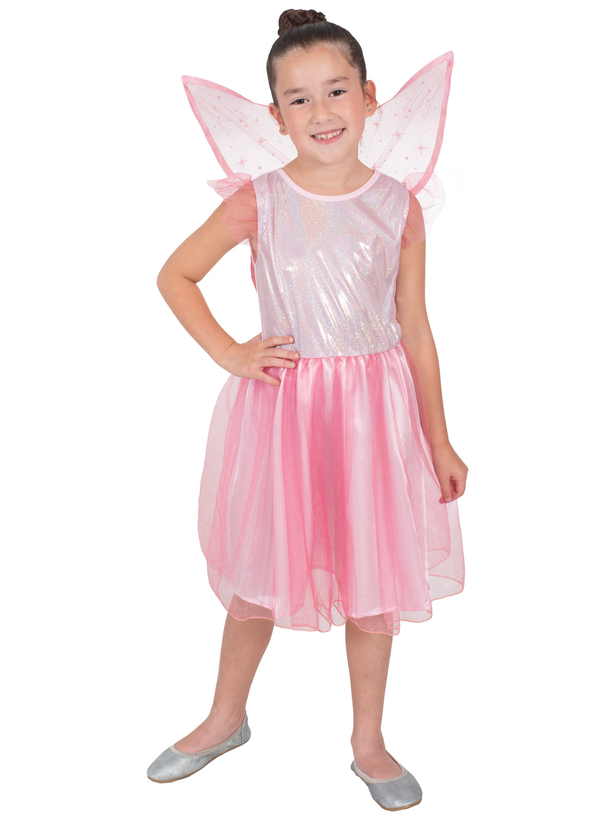 Girl with hands on hips in the Pretty in Pink fairy dress and wings
