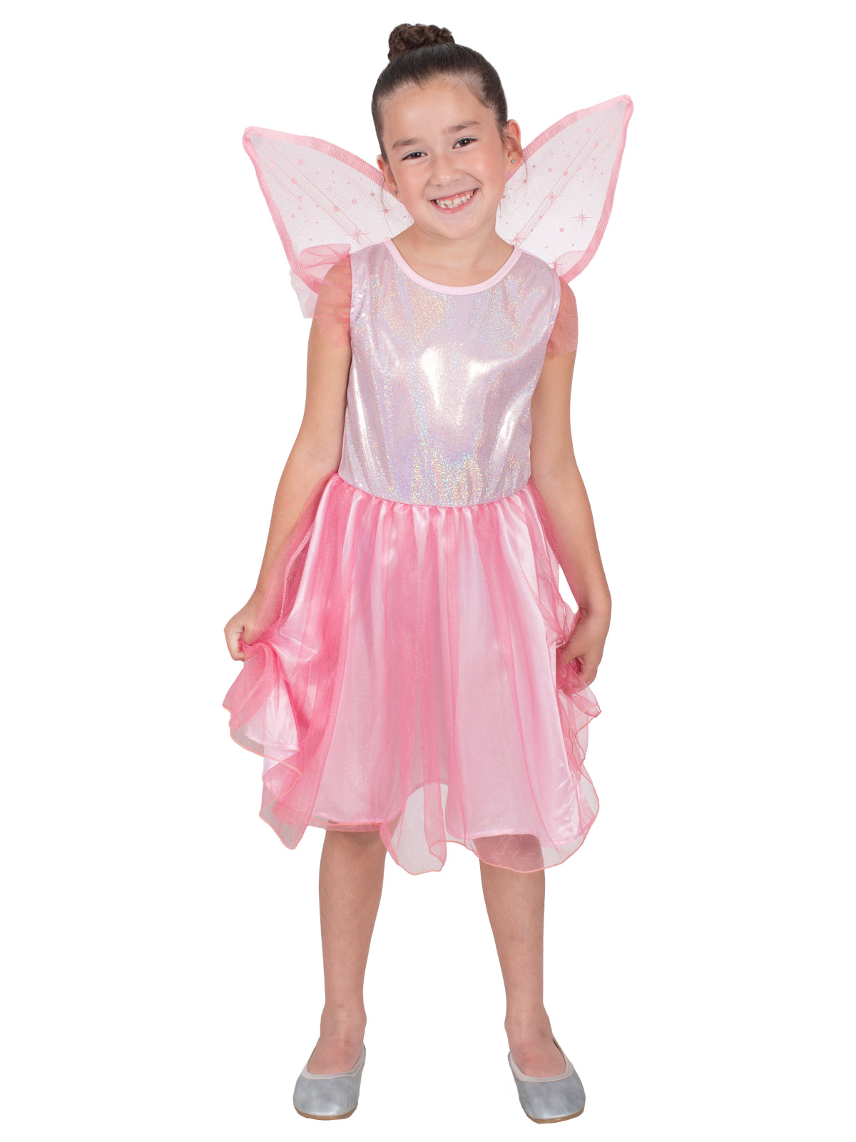 Girl standing in the pink fairy costume with tulle overlay skirt