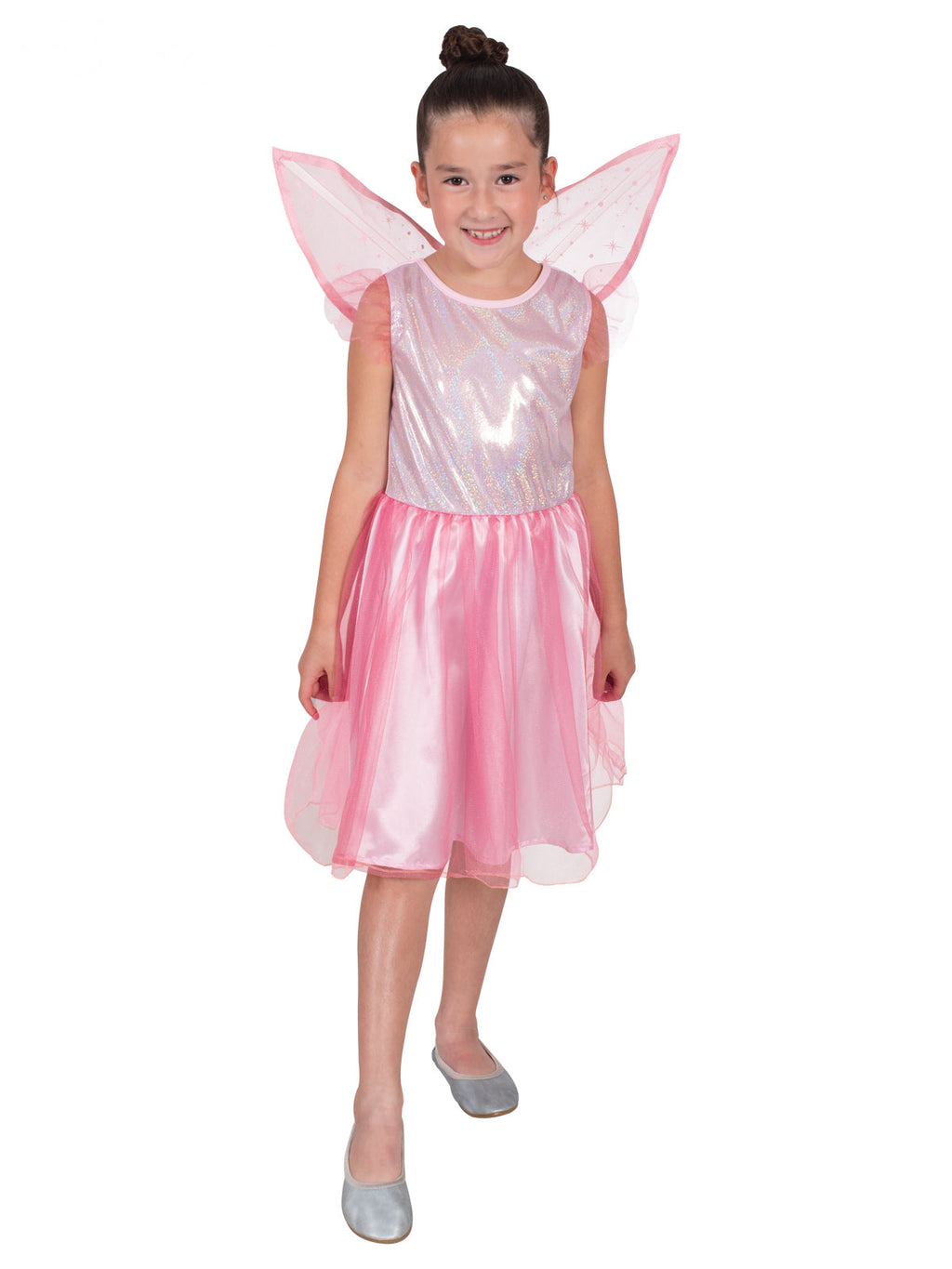 Girl in a pink satin fairy dress with shimmery bodice, tulle skirt and pink wings