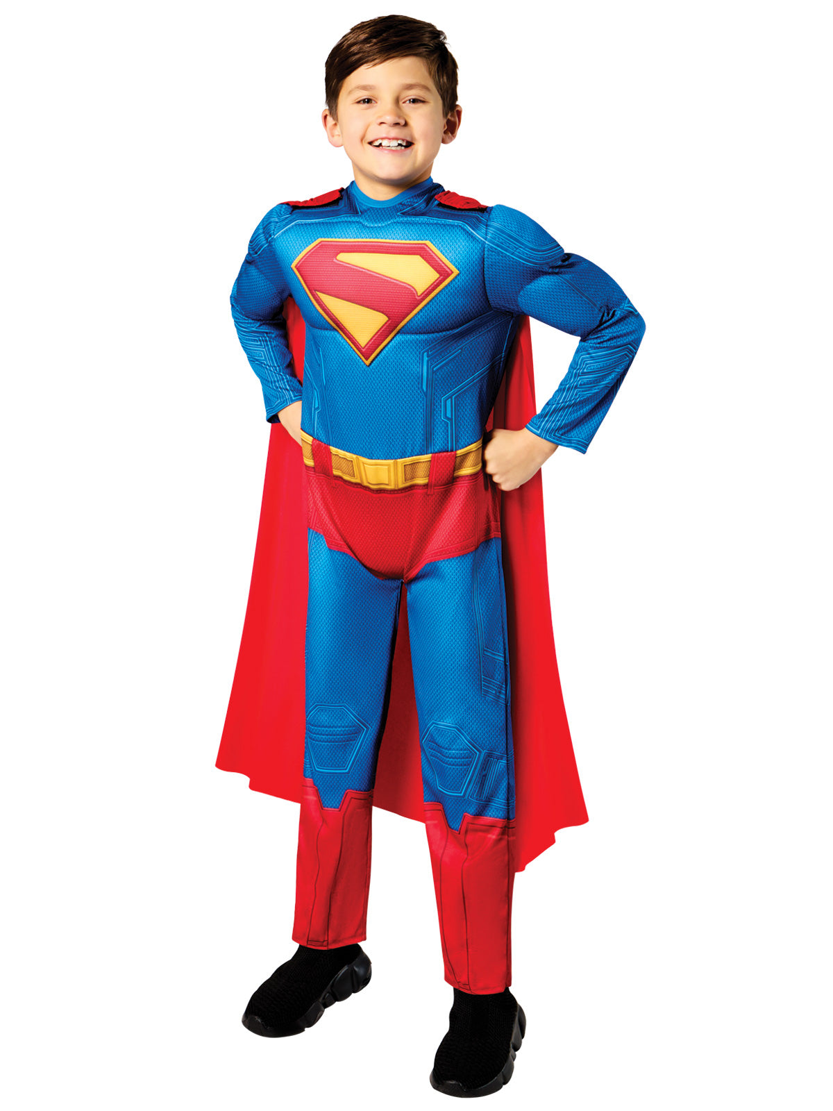 Front view of the deluxe Superman costume with muscle chest and yellow belt