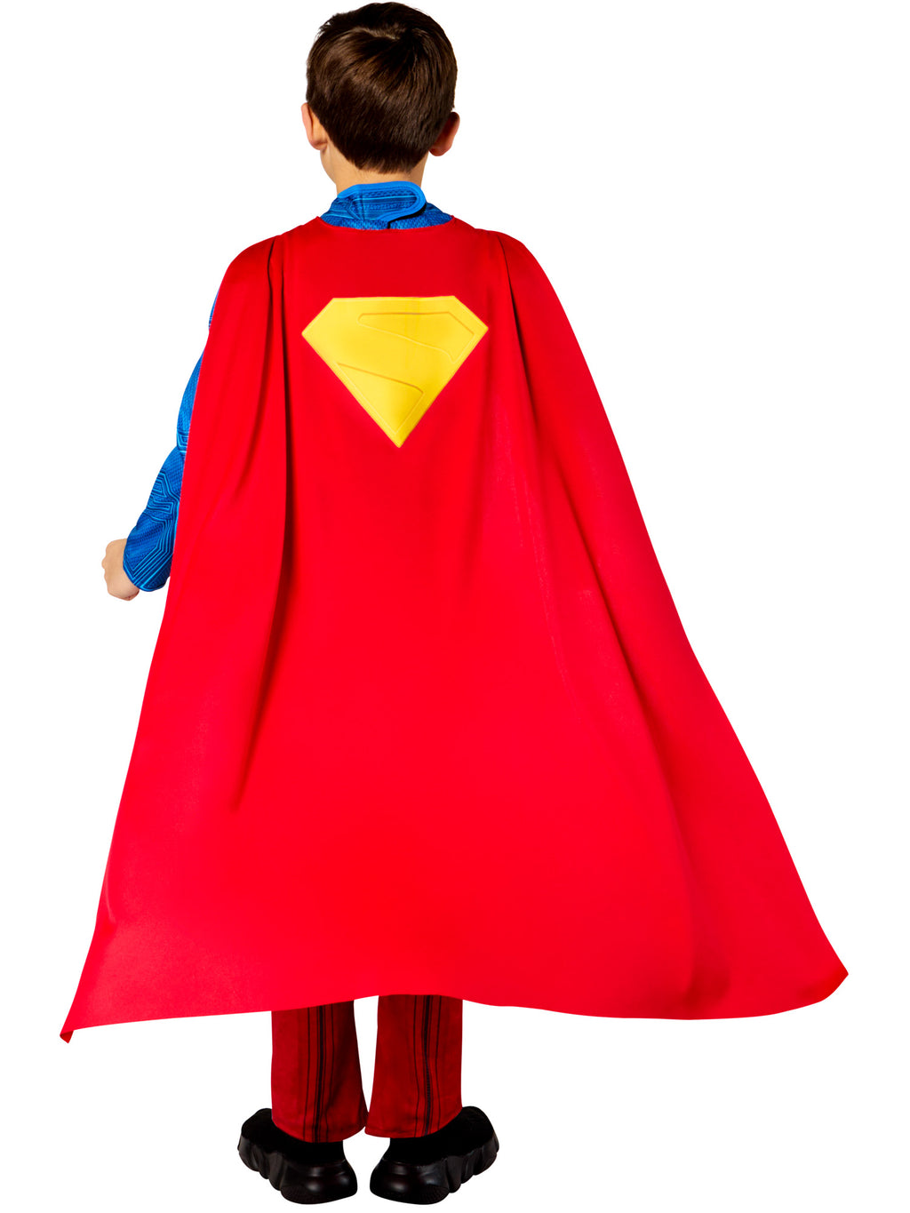 Back view of the deluxe Superman costume with a red cape printed with a yellow S