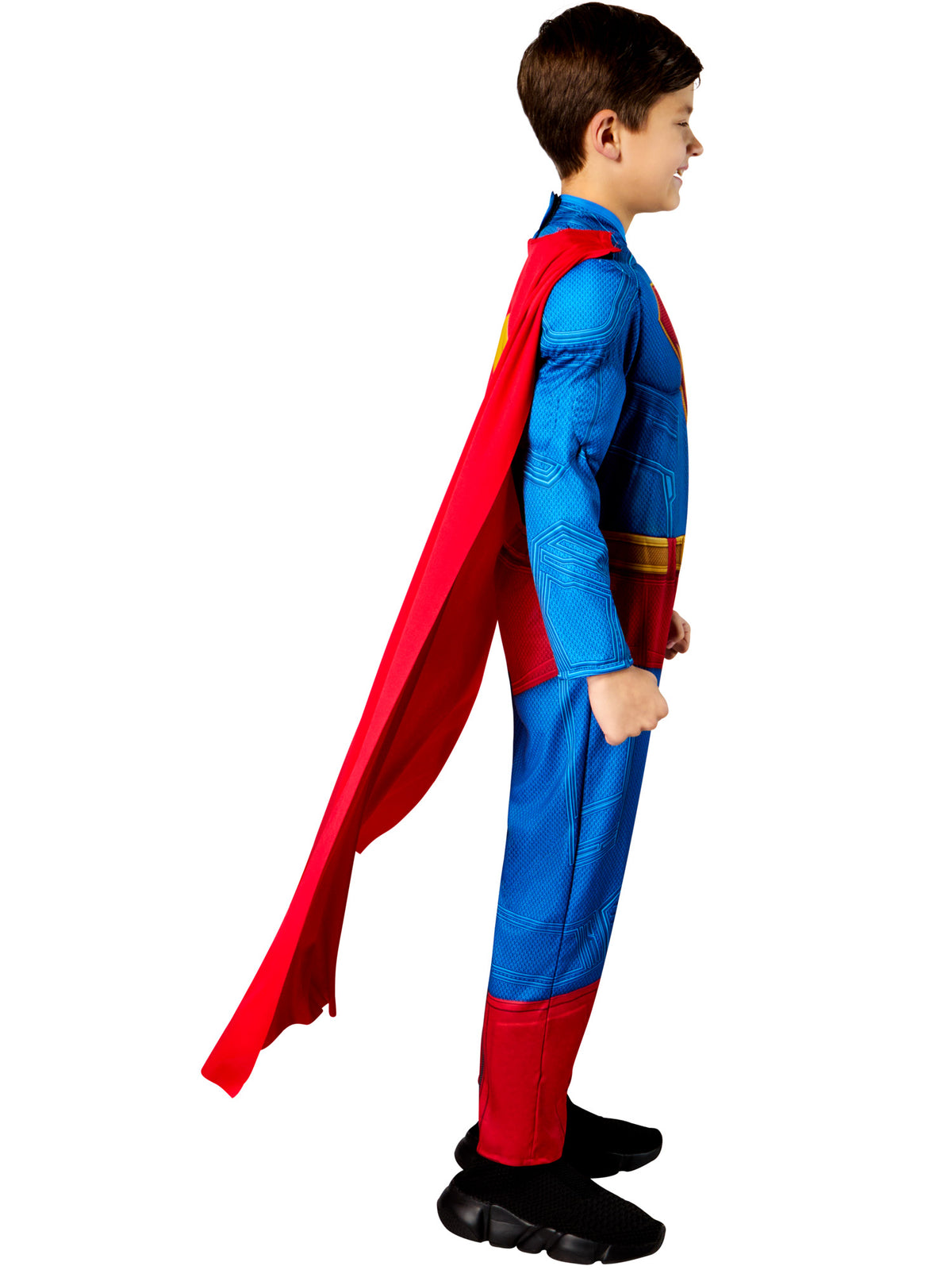 Side view of the deluxe Superman costume with red cape and padded sleeves