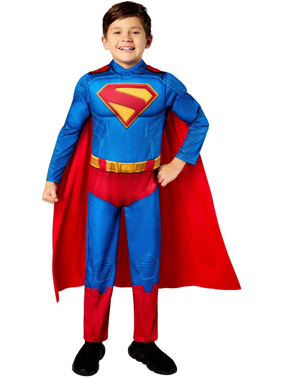 Deluxe Superman costume with arms by the sides, showing the padded chest and printed S