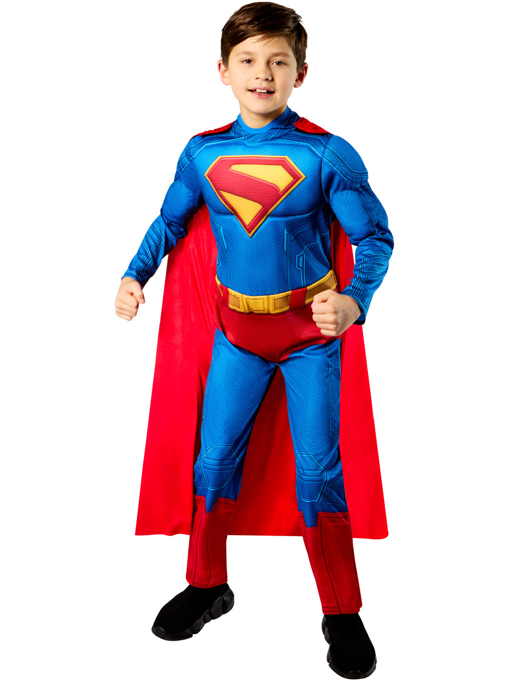 Boy standing in the deluxe Superman jumpsuit with fibre-filled muscle sleeves and red undies print