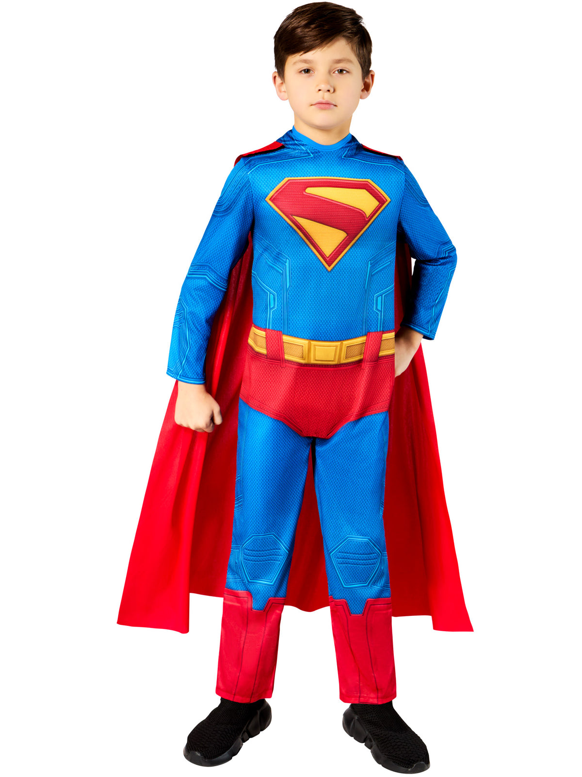 Closer view of the Superman classic costume with a blue bodice, yellow belt and red undies print