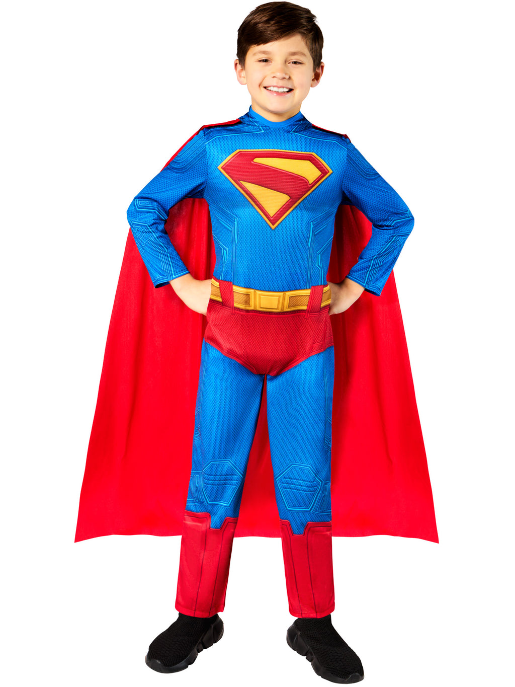 Front view of the classic Superman jumpsuit with printed S chest and red cape