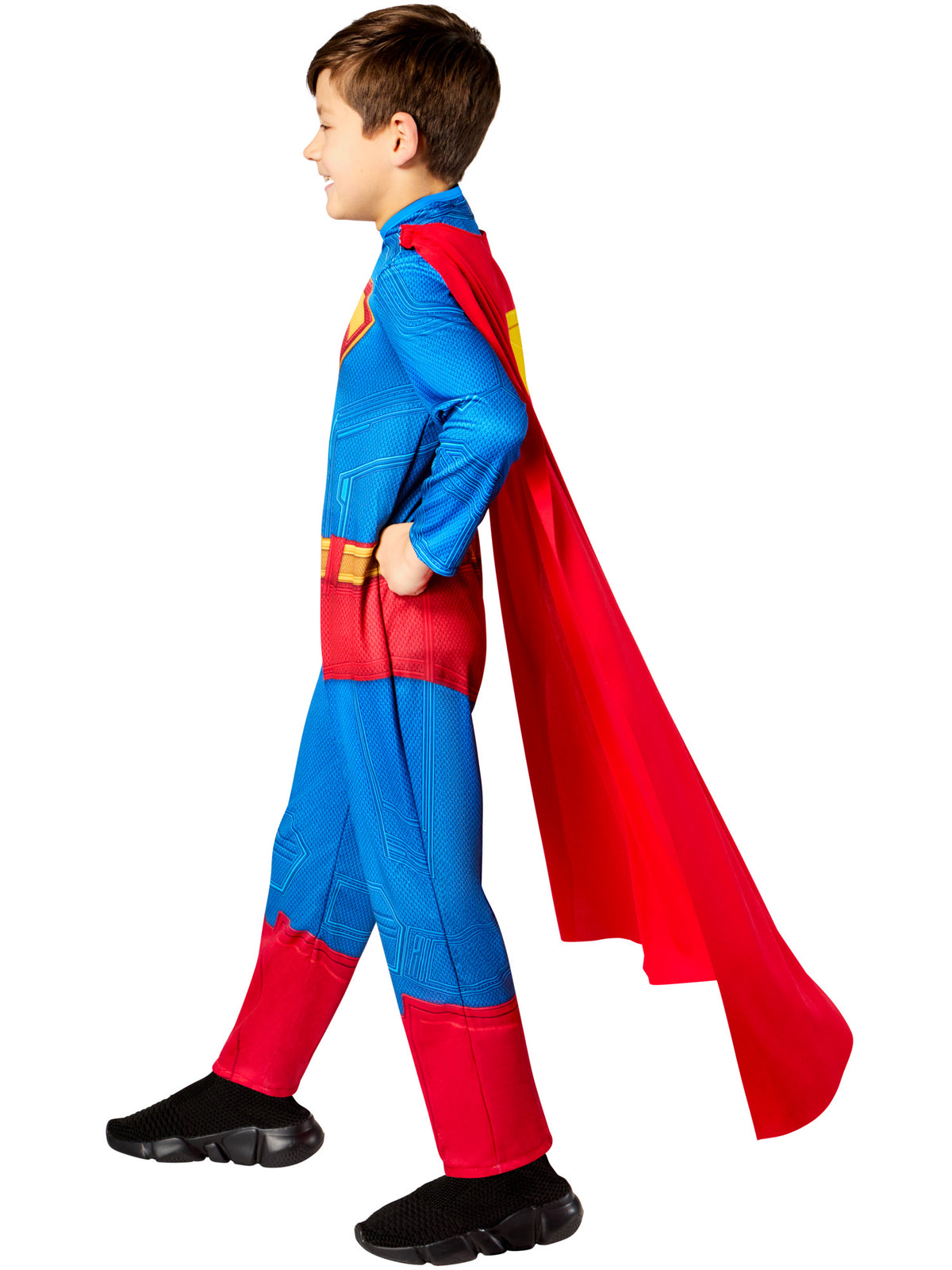 Side view of the classic Superman jumpsuit with the red cape flowing behind