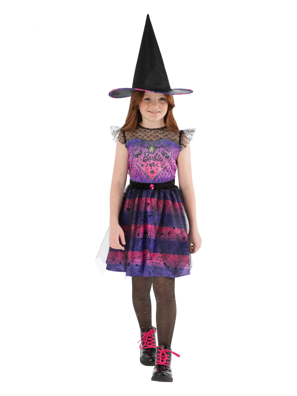 Girl wearing a Barbie witch dress with heart bodice, pink and purple satin skirt, black tulle and witch hat