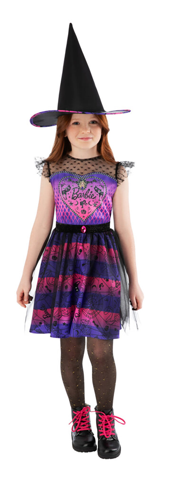 Close-up of the Barbie witch dress's love heart bodice, mesh neckline and black tulle overlay skirt