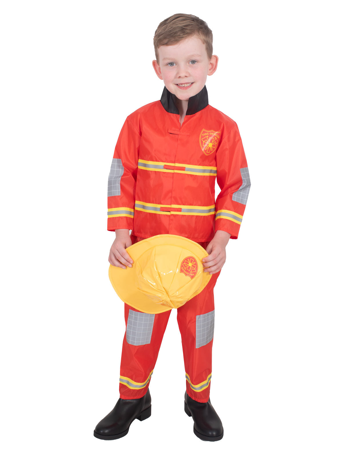 Boy holding the yellow Fire Officer helmet, wearing the red firefighter costume