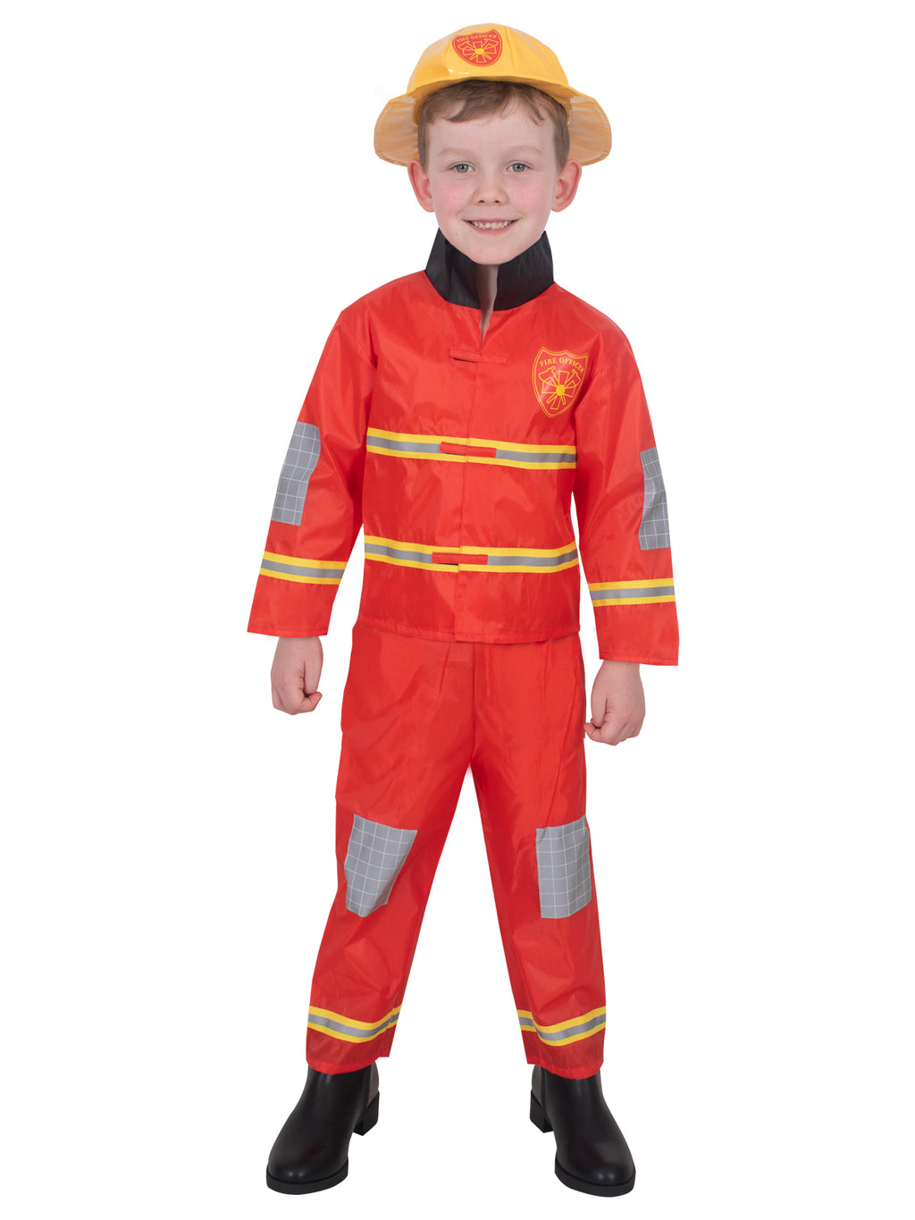Boy wearing the red firefighter costume with yellow helmet