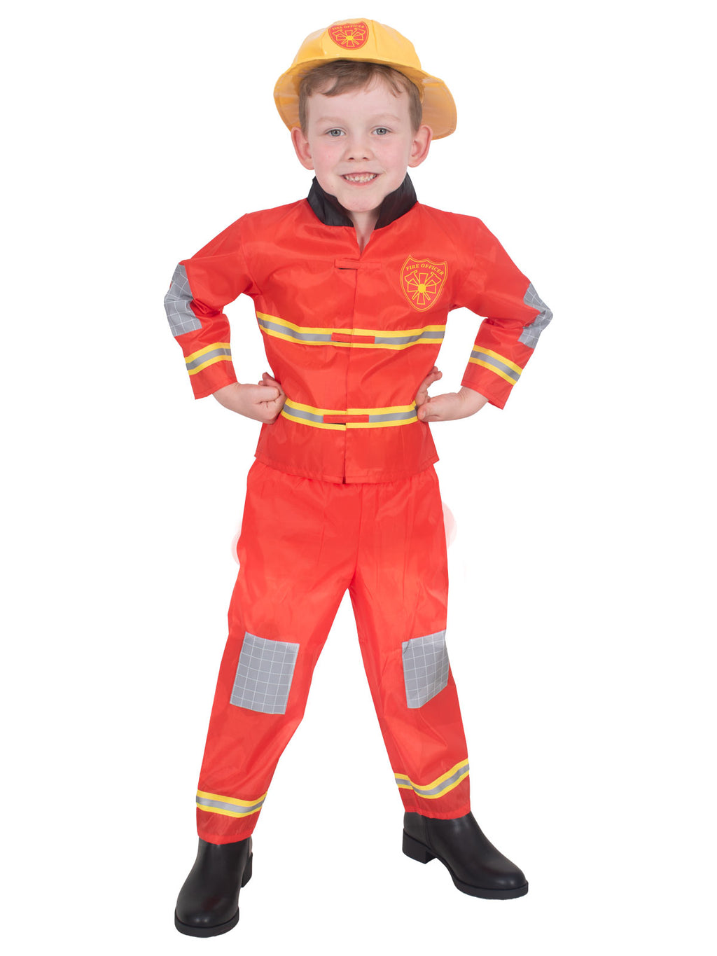 Boy with hands on hips in the firefighter jacket, pants and helmet