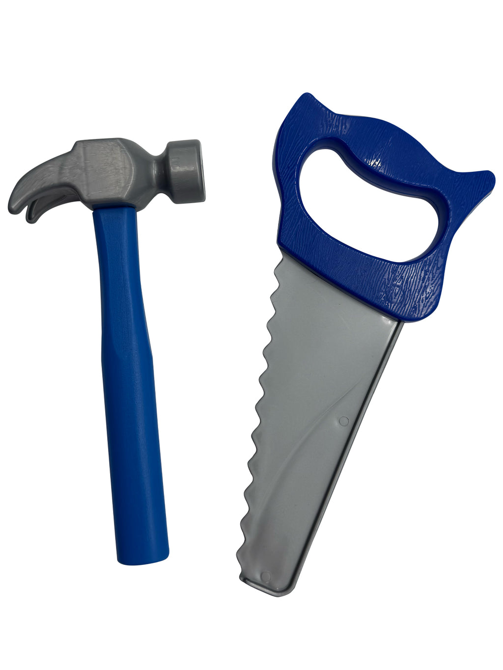 Plastic play hammer and saw included with the construction worker costume
