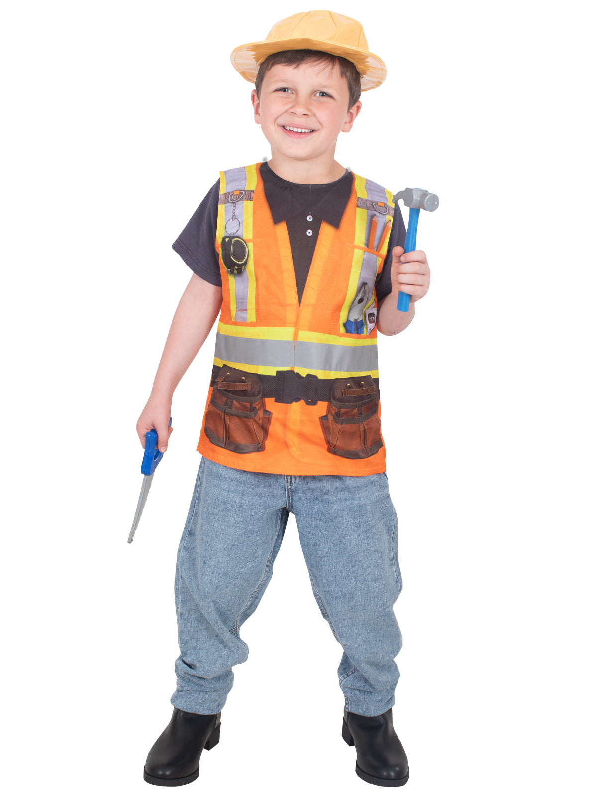 Boy wearing the construction worker tabard and hard hat, holding the play tools