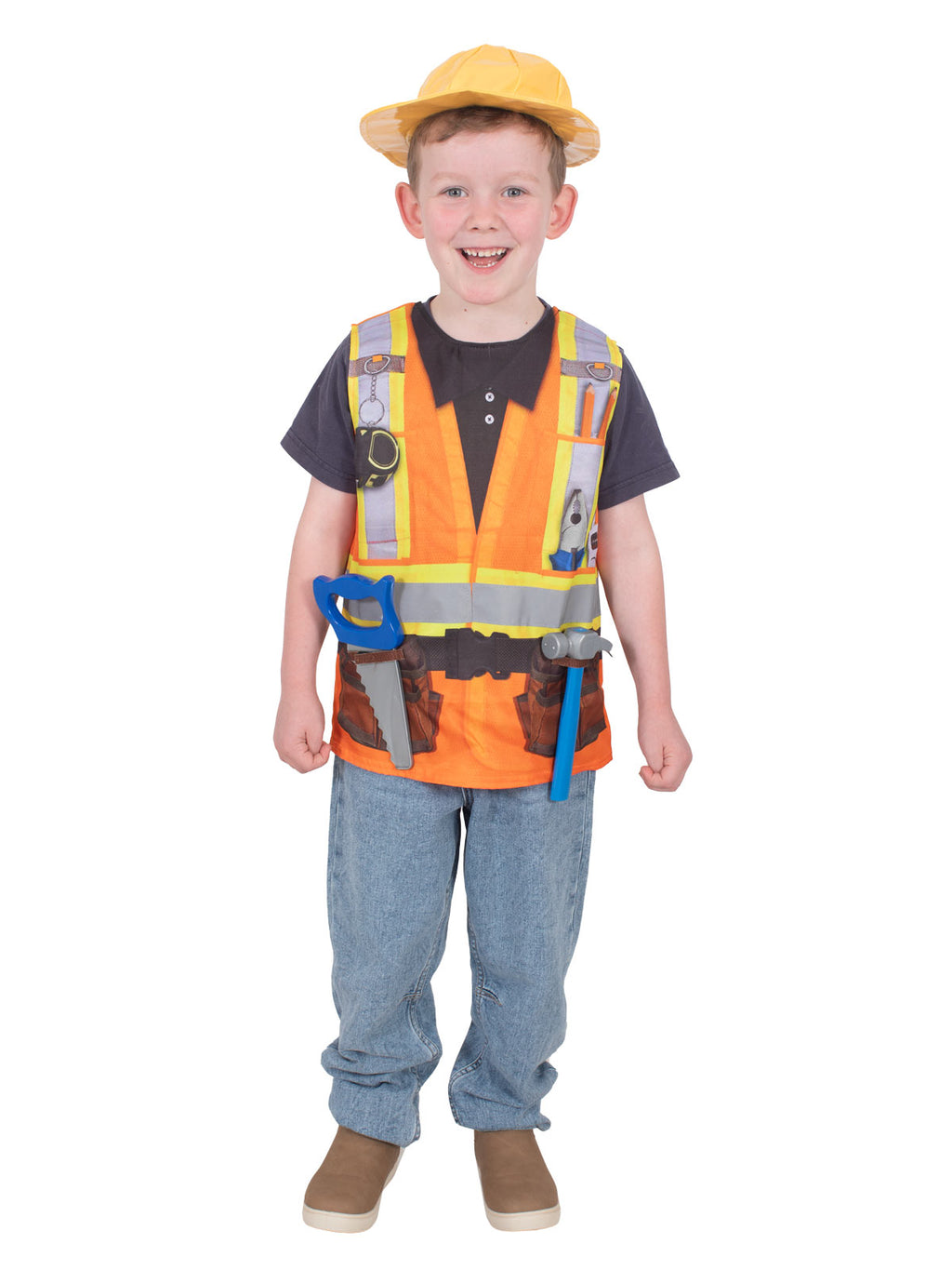 Boy smiling in the construction worker tabard with silver reflector stripes and hard hat