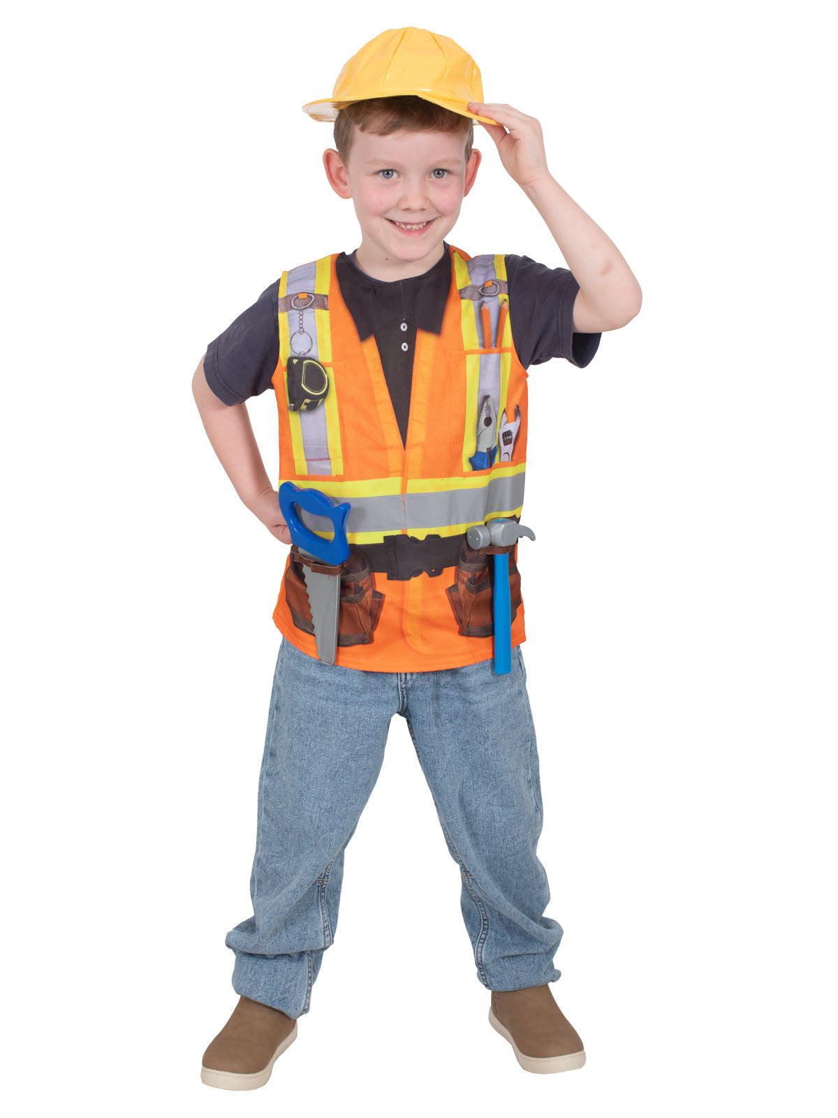 Boy adjusting the yellow hard hat, wearing the orange construction worker tabard