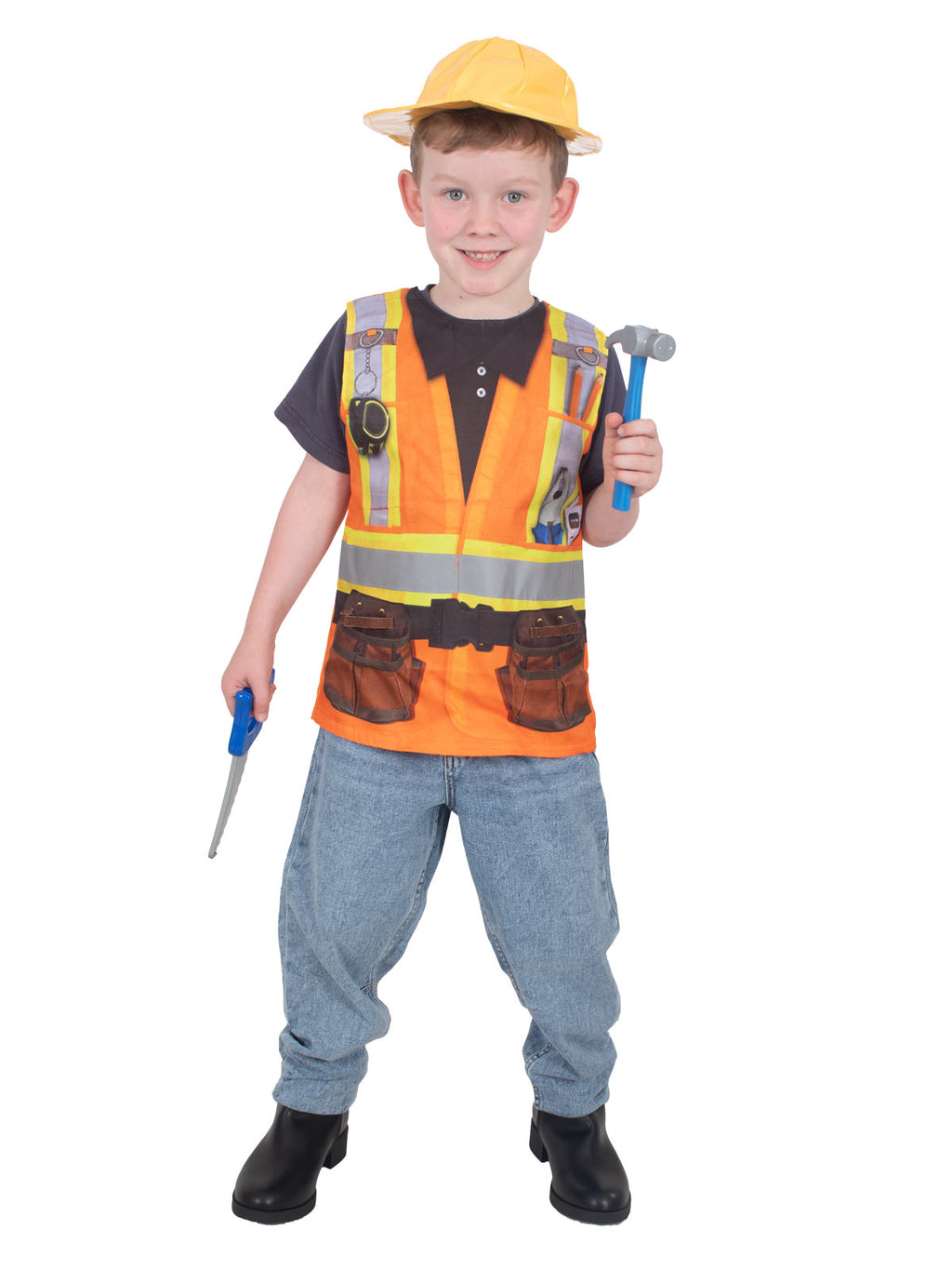 Boy in the construction worker costume with printed tool belt and hard hat