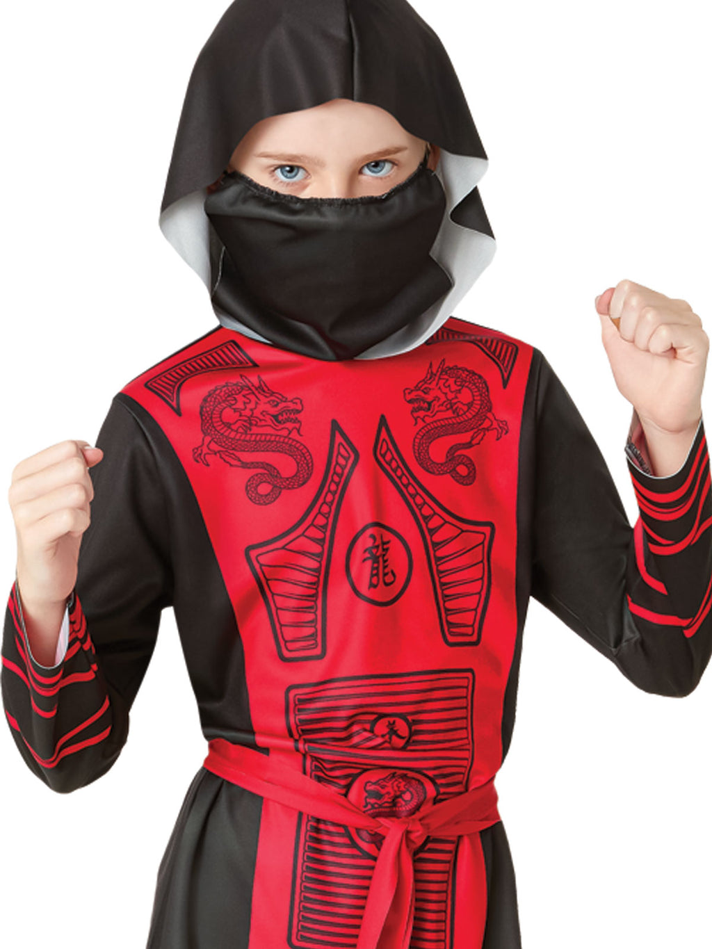 Close-up of the Ninja hood, face mask and red dragon-print tunic with tie belt