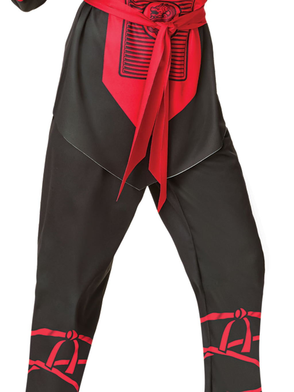 Close-up of the Ninja black pants with red printed leg bands and red belt ties