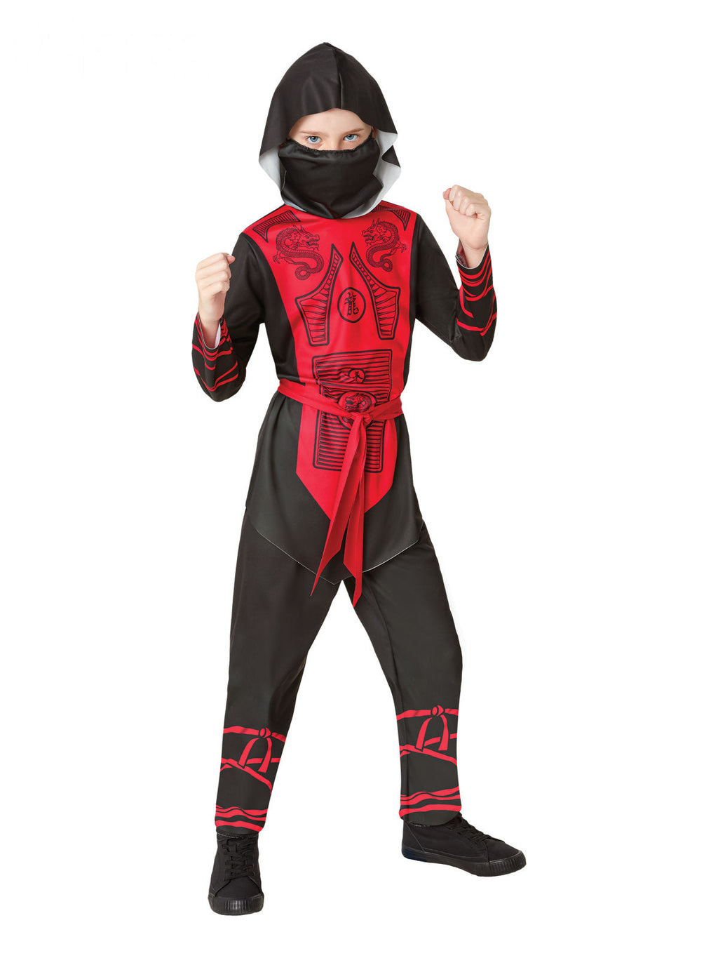 Boy in the Ninja costume with a black and red printed top, red belt, black pants, hood and face mask