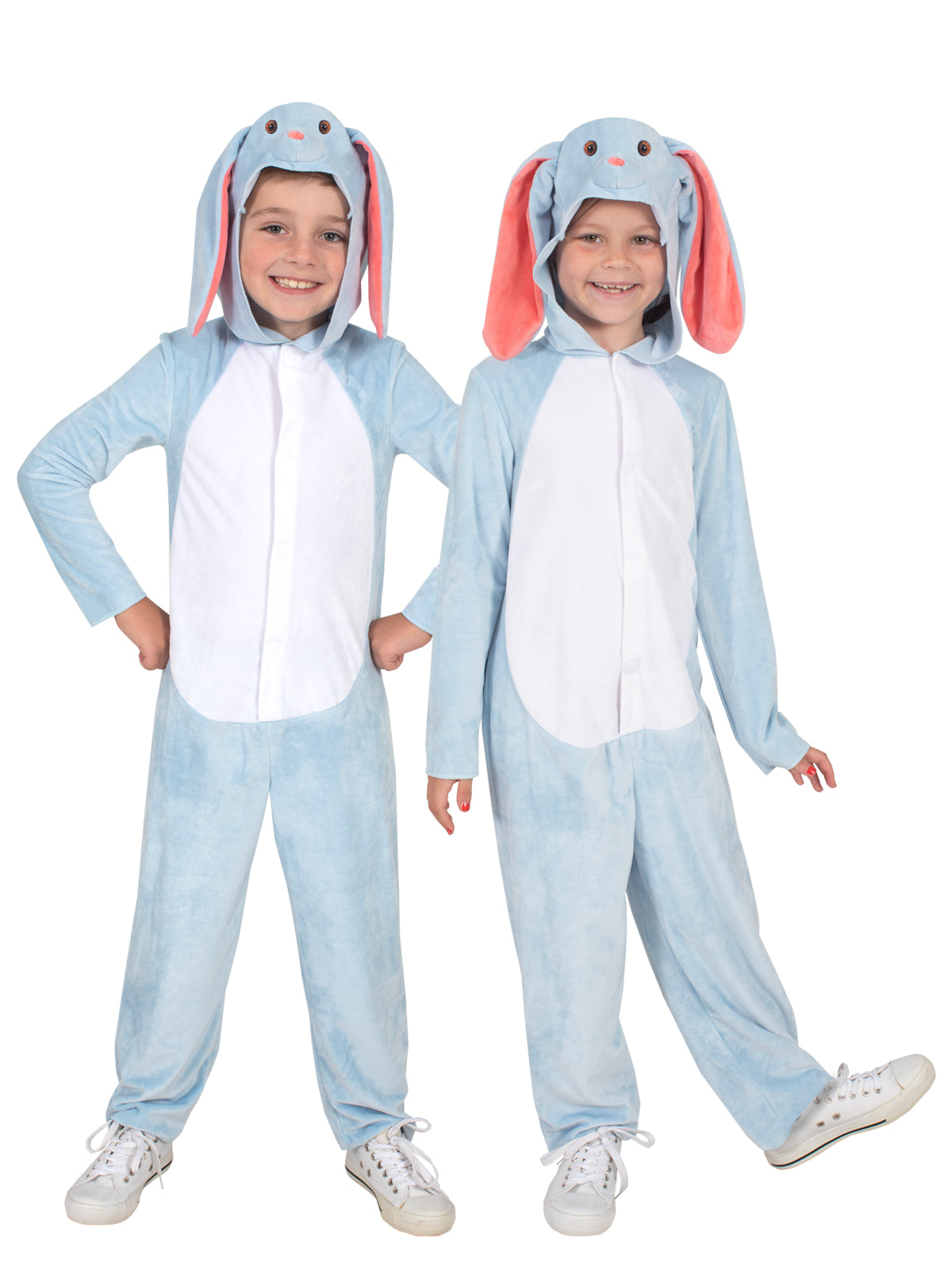 Children wearing the blue bunny rabbit plush onesie with 3D bunny-face hood