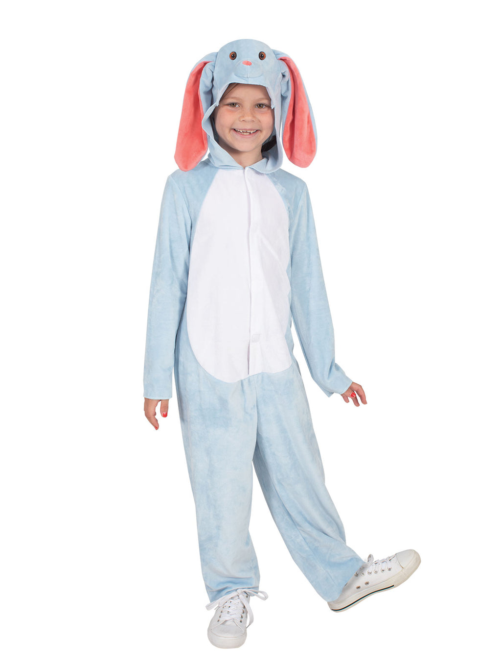 Child in a blue and white plush bunny onesie with floppy pink-lined ears