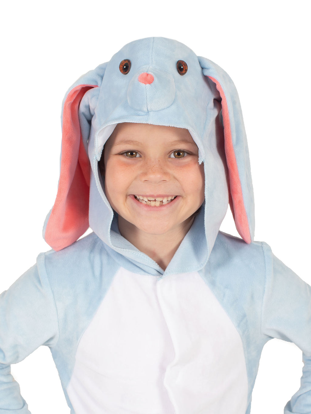 Close-up of the bunny onesie hood with 3D fibre-filled face and long floppy ears
