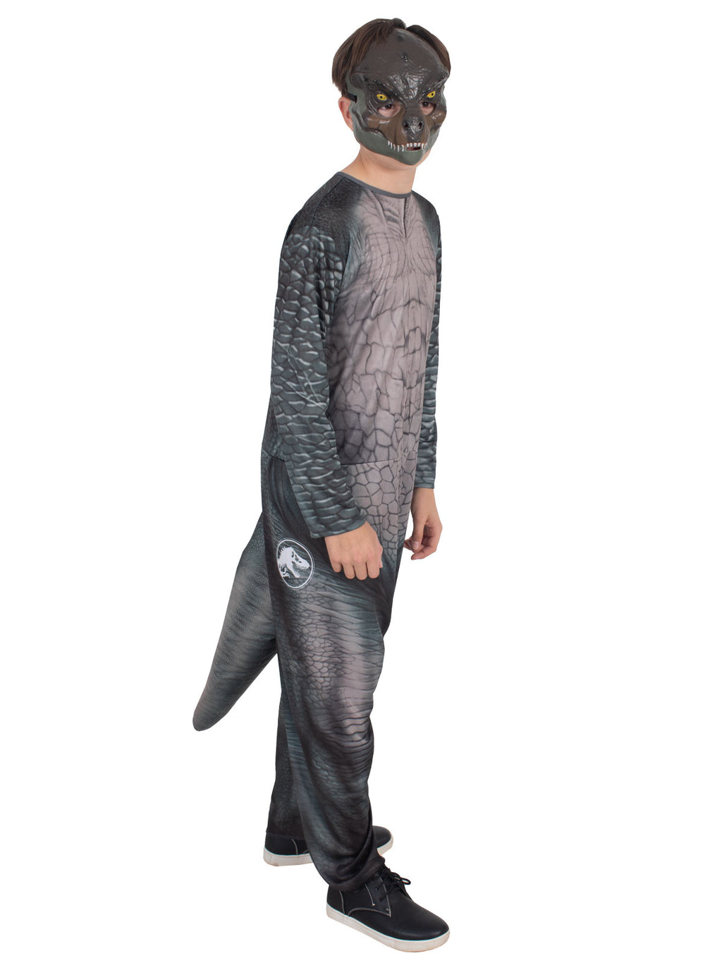 Back three-quarter view of the grey T-Rex jumpsuit with the attached tail