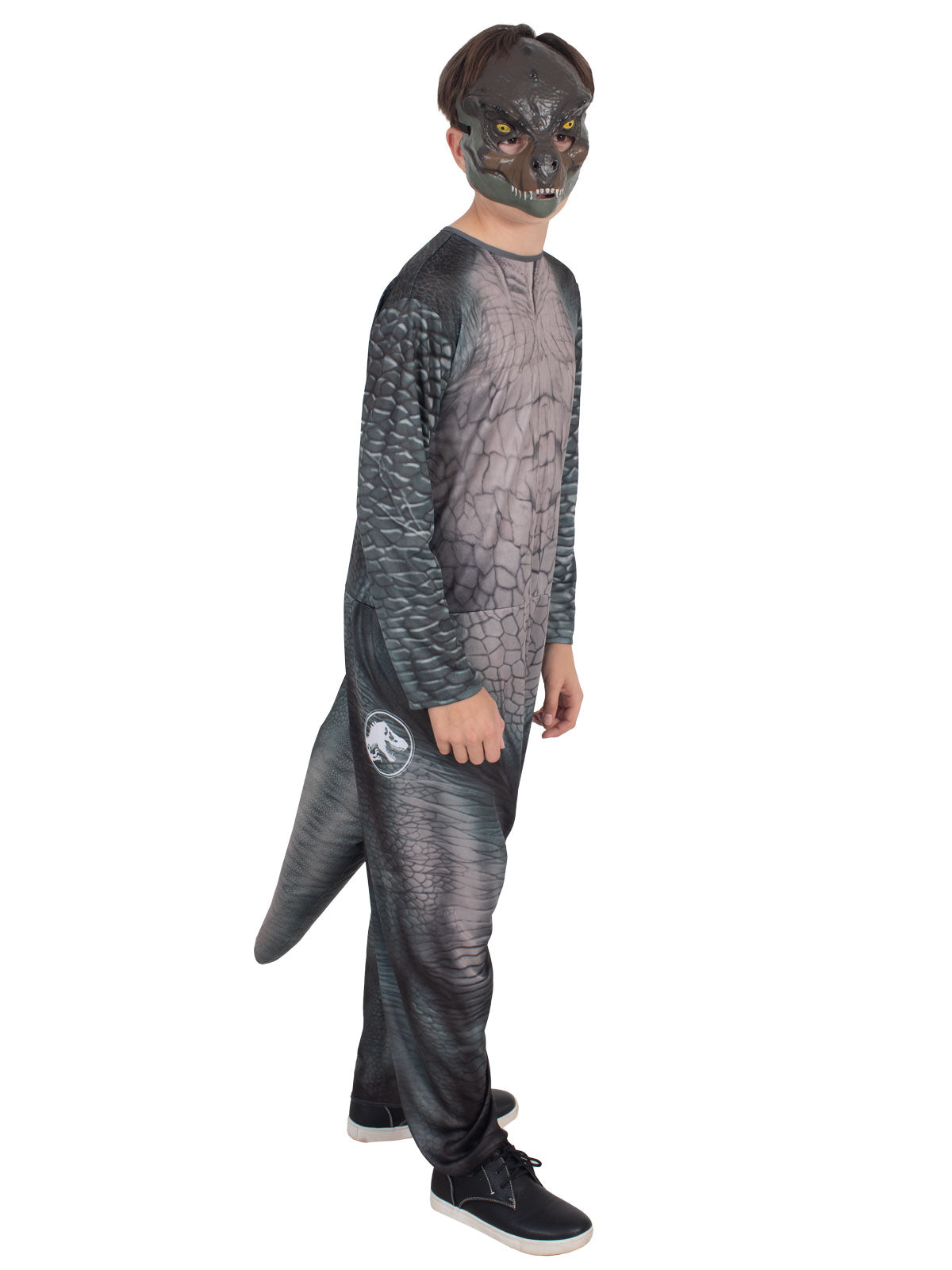 Back three-quarter view of the grey T-Rex jumpsuit with the attached tail