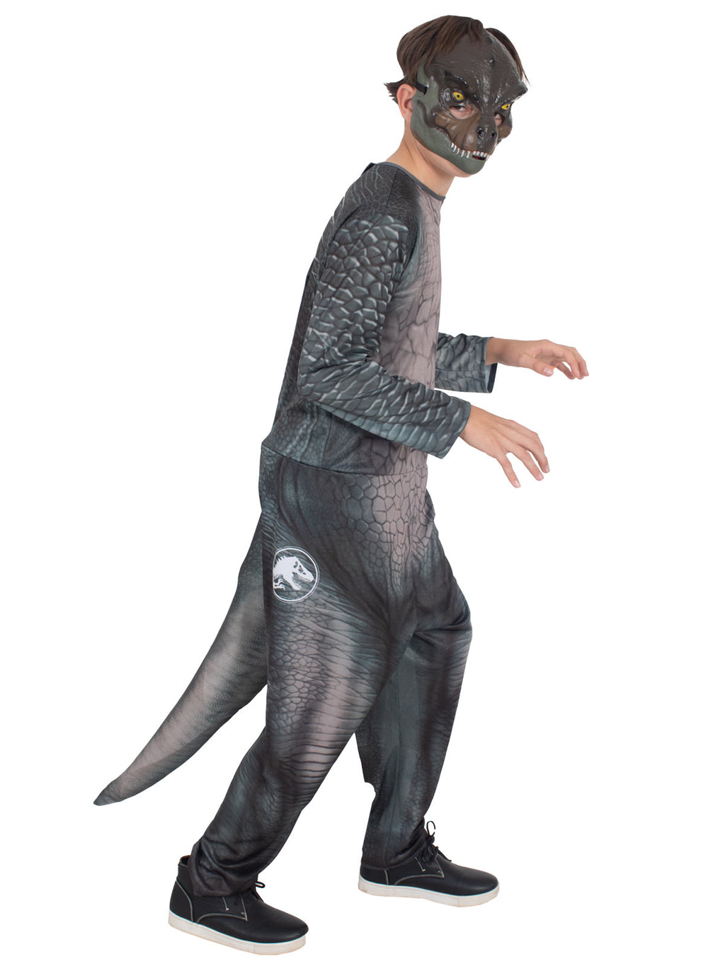 Child posing in the grey T-Rex mask and jumpsuit with claws-up arms