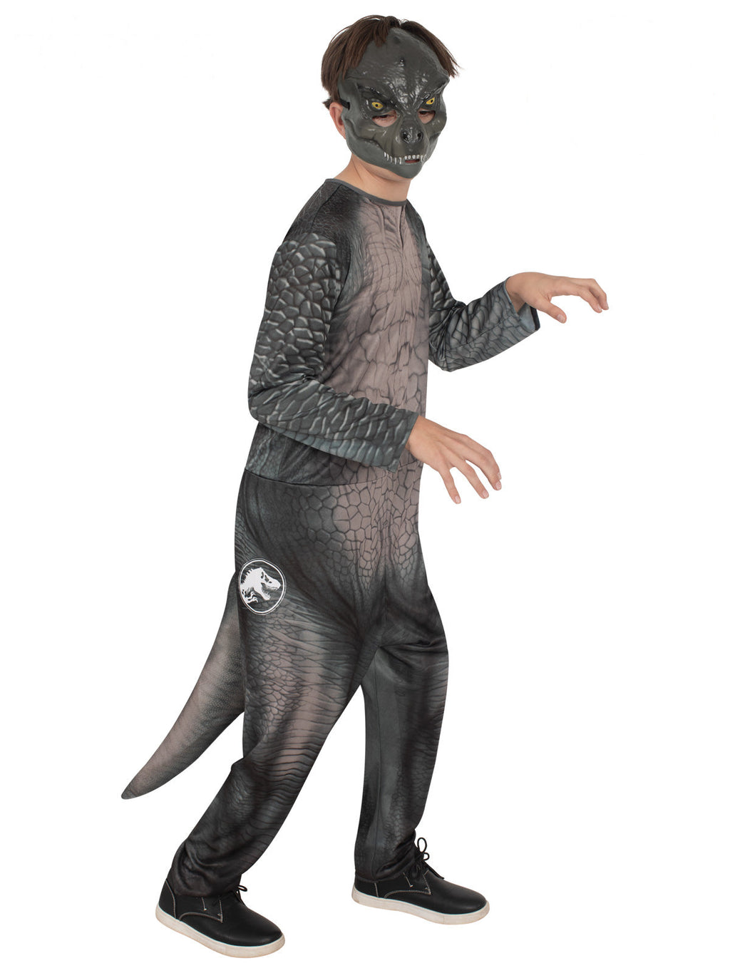 Child in the grey Jurassic World Rebirth T-Rex jumpsuit with a moulded mask and a long tail