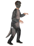 Child in the grey Jurassic World Rebirth T-Rex jumpsuit with a moulded mask and a long tail