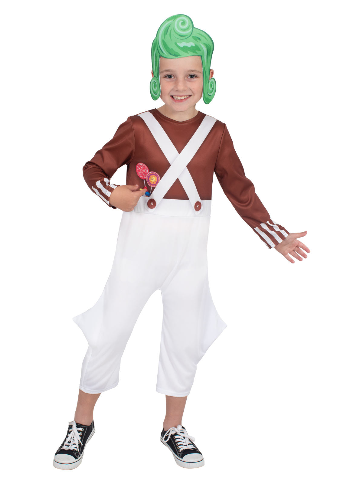 Front view of the Oompa Loompa brown and white jumpsuit and green headpiece