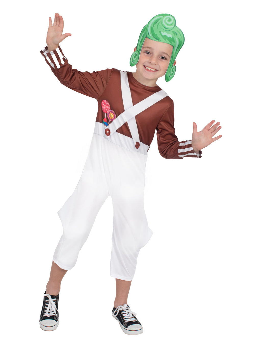 Boy posing in the Oompa Loompa jumpsuit with white knickerbockers, cross-over braces and green felt hair