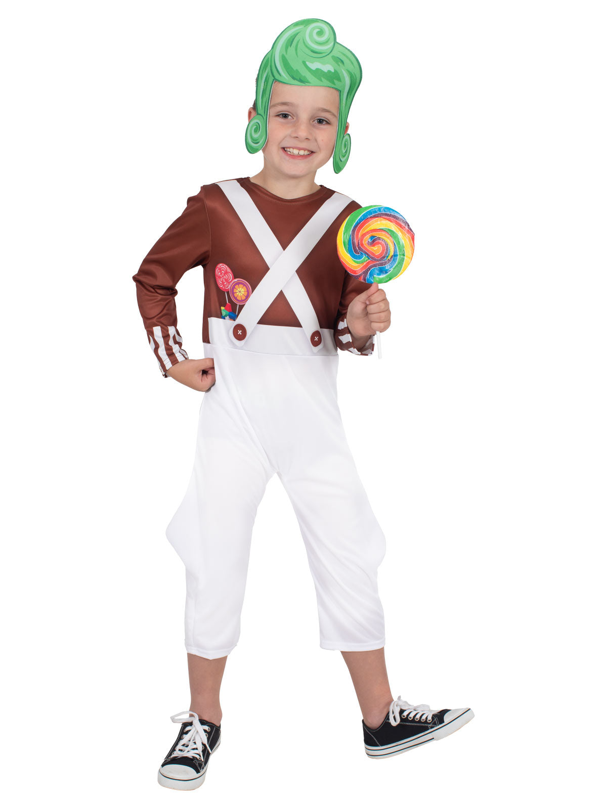 Boy in the Oompa Loompa Classic costume with brown undershirt, white braces and pantaloons