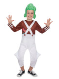 Boy in the Willy Wonka Oompa Loompa costume with a brown top, white pantaloons with braces and green hair headpiece